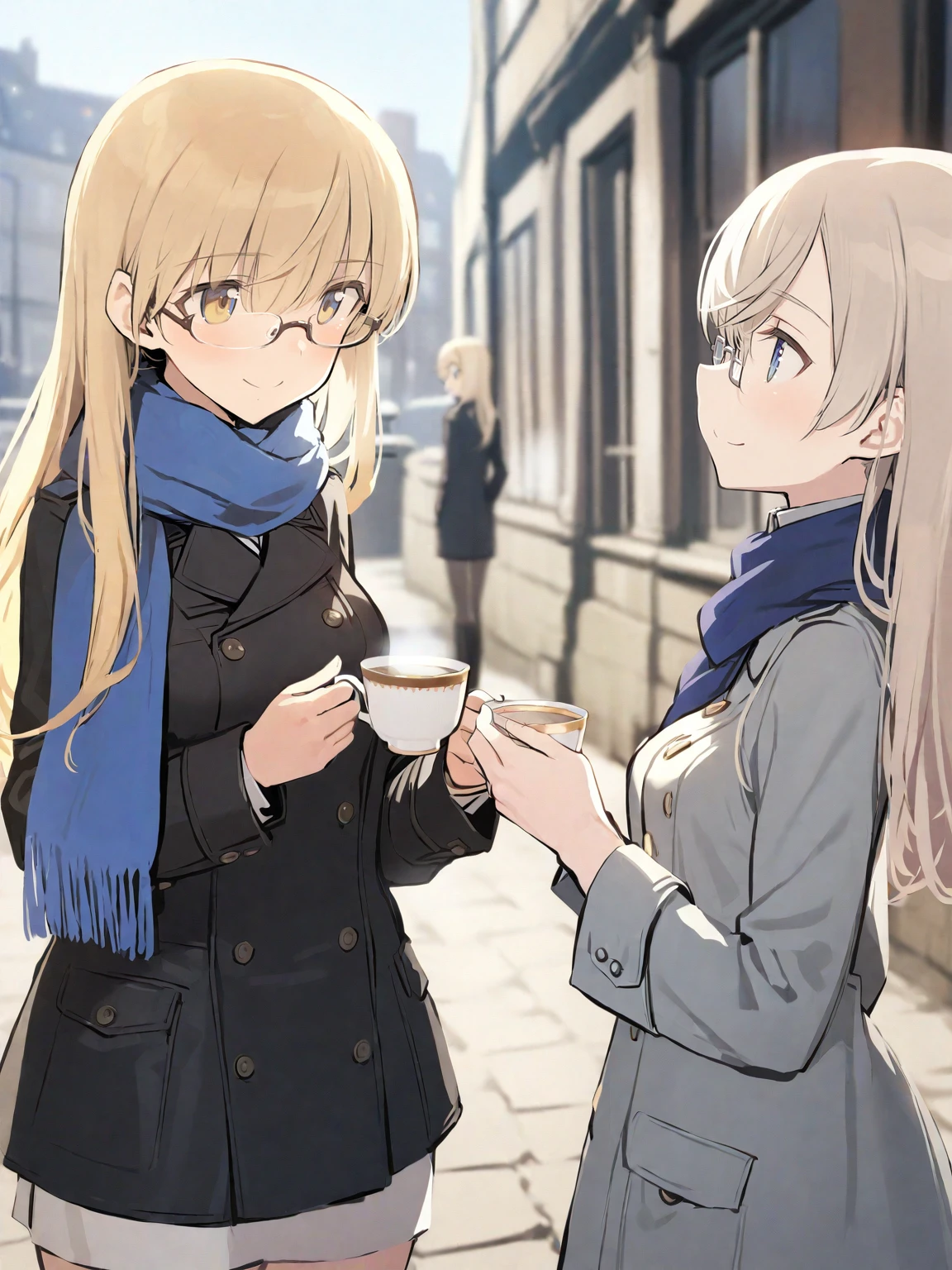 multiple girls, 2girls, perrine h. clostermann, scarf, blonde hair, blue scarf, glasses, cup, blue eyes, yellow eyes, long hair, coat, buttons, smile, holding, eila ilmatar juutilainen, holding cup, teacup, looking at another, double-breasted, long sleeves, outdoors, closed mouth, masterpiece, best quality