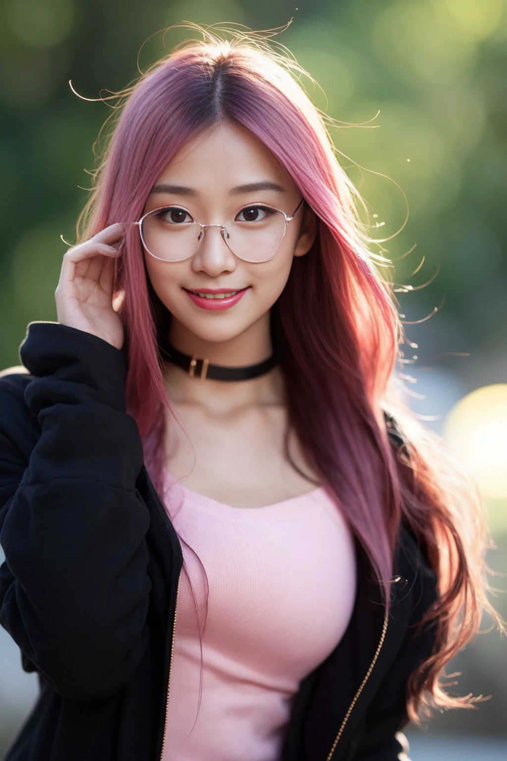 <lora:joanwu_v01:0.9>,
(8k, RAW photo, best quality, masterpiece:1.2), (realistic, photo-realistic:1.37), omertosa,1girl, blurry background,city, sunlight,professional lighting, photon mapping, radiosity, physically-based rendering, backlight bokeh, blurry background,smile, mature,((black choker)), red lips, office lady ,((lights shinning on the face))
head portrait
,
sunlight, ((outdoors)) ,((light shinning on the hair))
hoodie,
((long hair)), ((floating hair)), pink hair,wavy hair, glowing hair,
135mm lens,gold-rimmed glasses,,big breast,red lips,smile