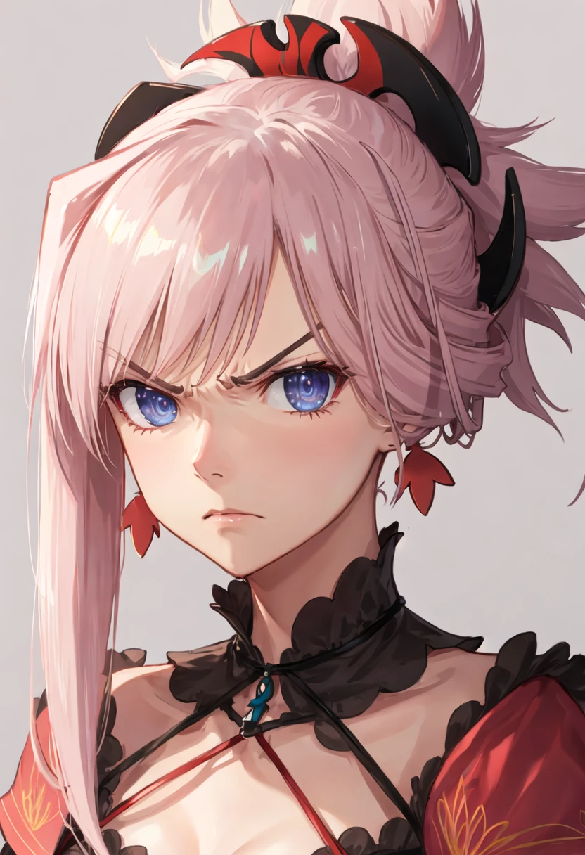 best quality, masterpiece, highres, solo, {miyamoto_musashi_fgo:0.90}, angry, annoyed, portrait, looking at viewer