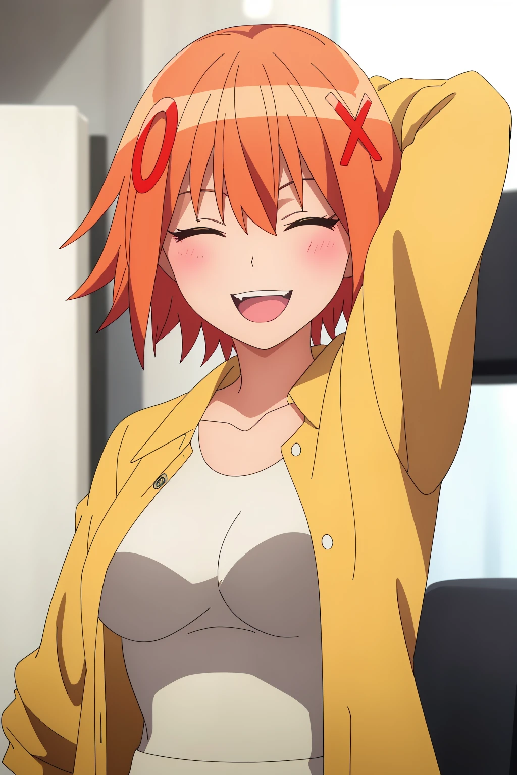 ((best quality)),((highly detailed)),masterpiece,absurdres,detailed face,beautiful face,(detailed eyes, deep eyes),1girl,((dynamic pose)) , <lora:IzumiV1:0.7>Izumi, closed eyes, open mouth, smile, solo, hair ornament, shirt, short hair, orange hair, breasts, open clothes, x hair ornament, upper body, :d, indoors, white shirt, arms up, bangs, jacket, long sleeves, large breasts, teeth, collared shirt, facing viewer, collarbone, ^_^, hairclip, open jacket, yellow shirt, sleeves rolled up, hair between eyes, buttons, blush, yellow jacket, upper teeth only, blurry, medium breasts, blurry background, chair, open shirt, unbuttoned