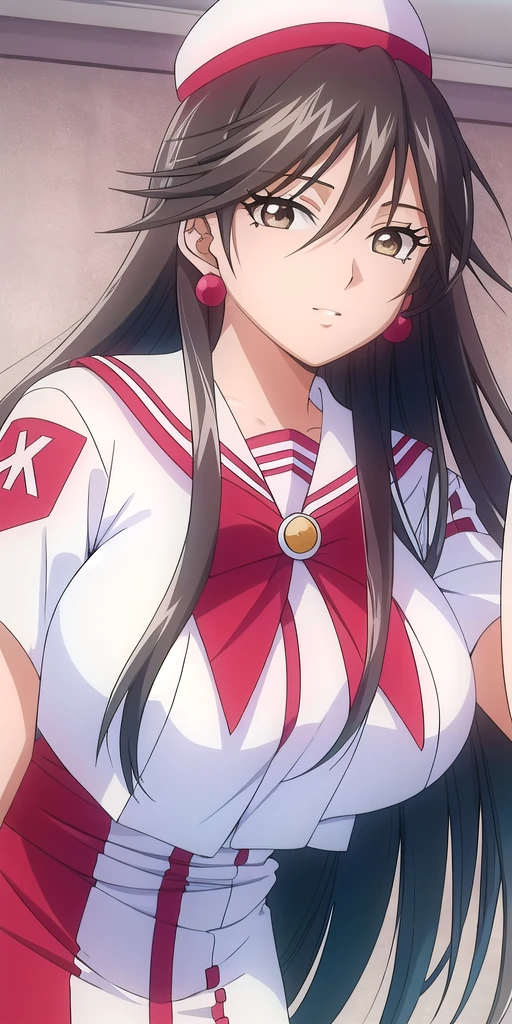 <lora:AkiraFerrariV5:0.7> akira_ferrari, huge_breasts, standing, solo, Summer_Himeya_company_uniform_White_long_dress_White_crop_top_Red_bowtie_Short_sleeves_Side_slit, White_beret_Himeya_company_uniform, masterpiece, best quality, detailed face, detailed eyes, highres,