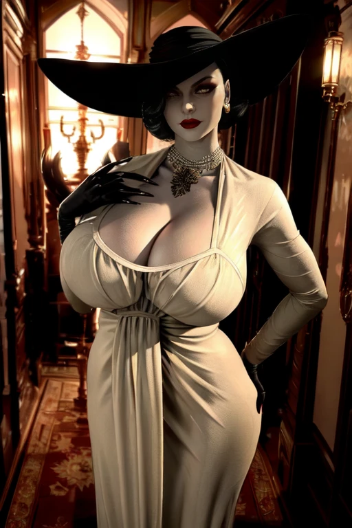 masterpiece,best quality,extreme detail,8k,<lora:ladydimitrescu:0.8>,dimitrescu2, 1girl, solo, breasts, looking at viewer, short hair, large breasts, black hair, gloves, hat, dress, jewelry, flower, black gloves, necklace, white dress, huge breasts, fingernails, makeup, rose, lipstick, pale skin, claws, sun hat, long dress, sharp fingernails, red lips, pearl necklace, black flower, black rose, tall female, yellowish eyes,