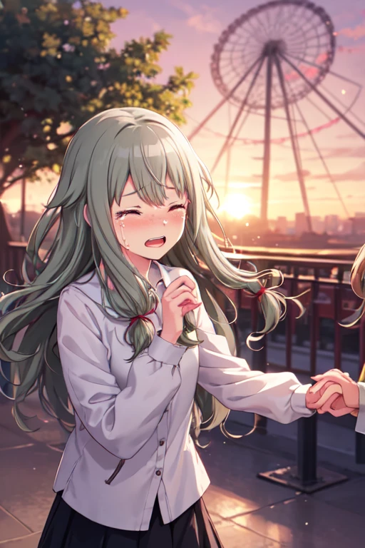 nenechan, long hair, blush, open mouth, skirt, shirt, long sleeves, closed eyes, white shirt, outdoors, sky, teeth, solo focus, cloud, tears, blurry, tree, blurry background, holding hands, crying, lens flare, sunset, lamppost, ferris wheel