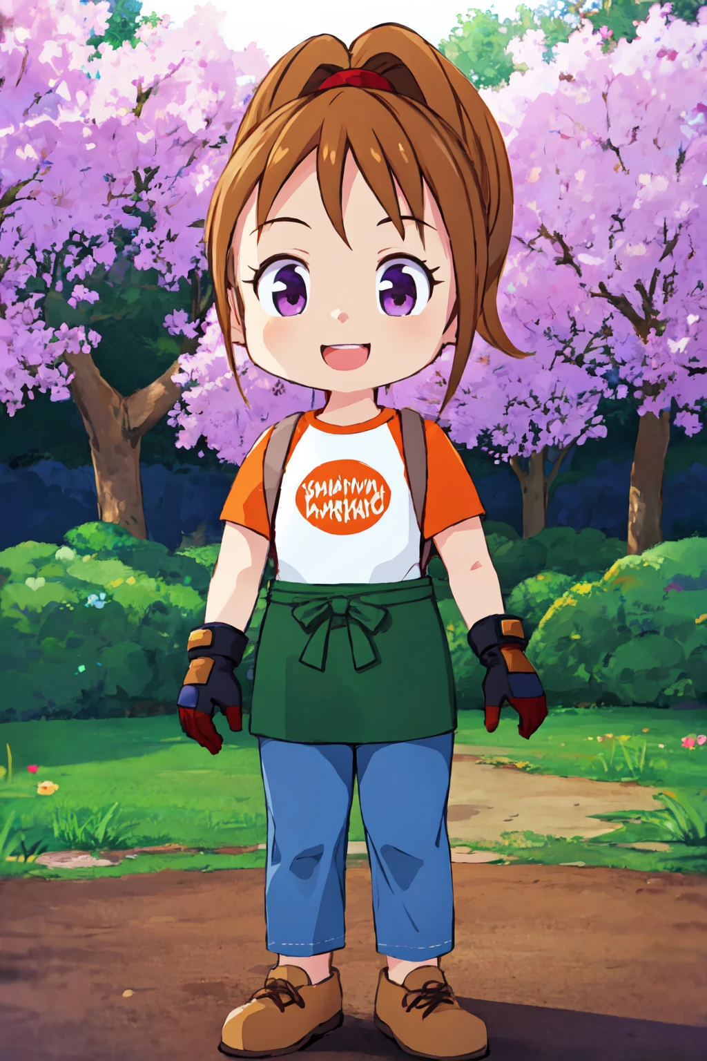 portrait, sharp focus, soft lighting, illustration, depth of field, outdoors, grass, plants, pony1, 1girl, solo, looking at viewer, smile, open mouth, brown hair, shirt, gloves, standing, purple eyes, full body, ponytail, short sleeves, :d, brown shoes, gloves, pants, bag, green apron, high ponytail, denim, jeans, blue pants, raglan sleeves <lora:artist-gomennasai:0.35> <lora:pony1-000003:0.75>