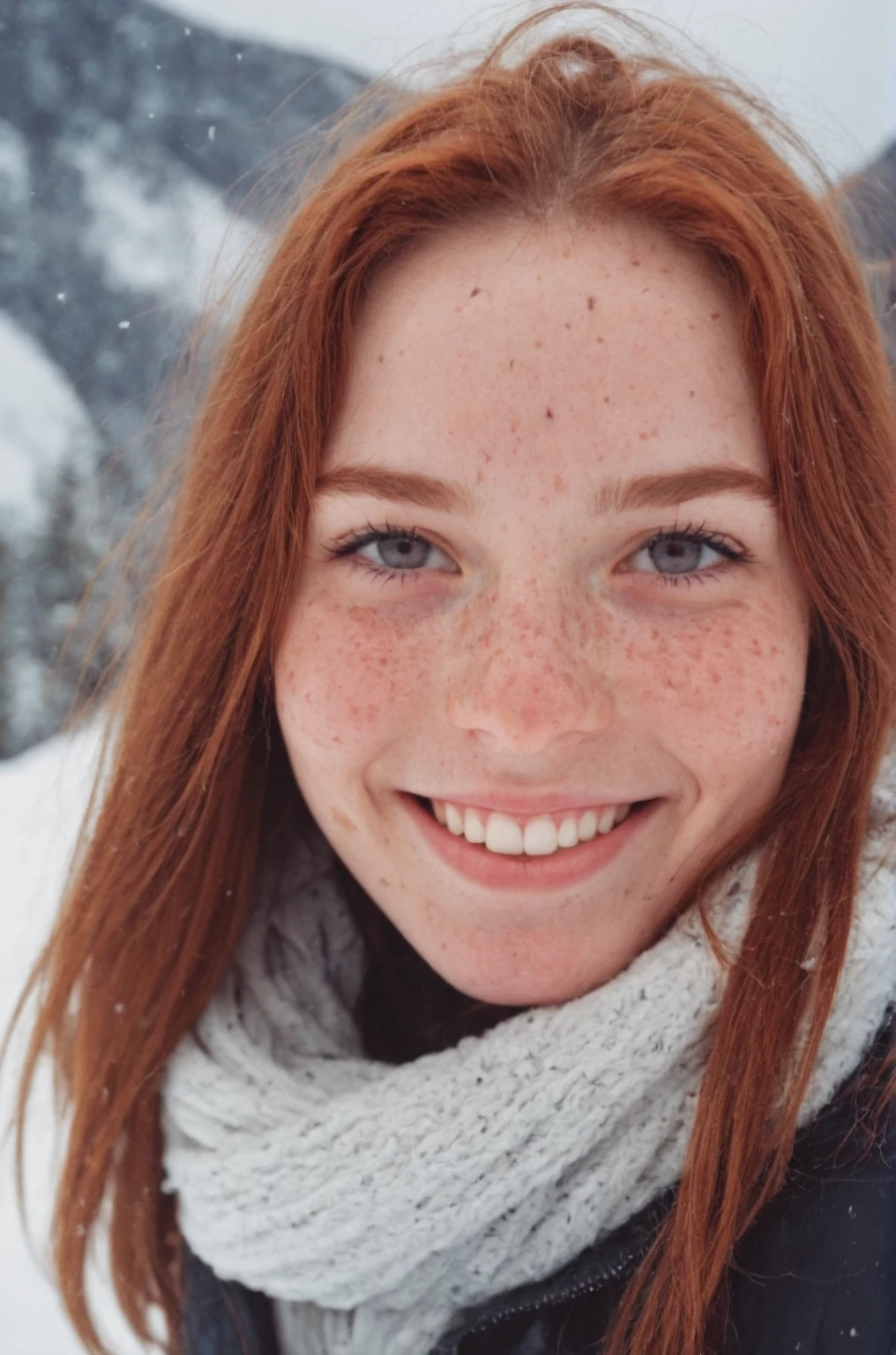 a pretty 25-year-old woman smiling back at me as we snuggle together for warmth as we watch the sunrise, frosty christmas morning, full-body shot, highly textured skin with imperfect acne breakouts, anti-aliasing, color-graded, nikon D850