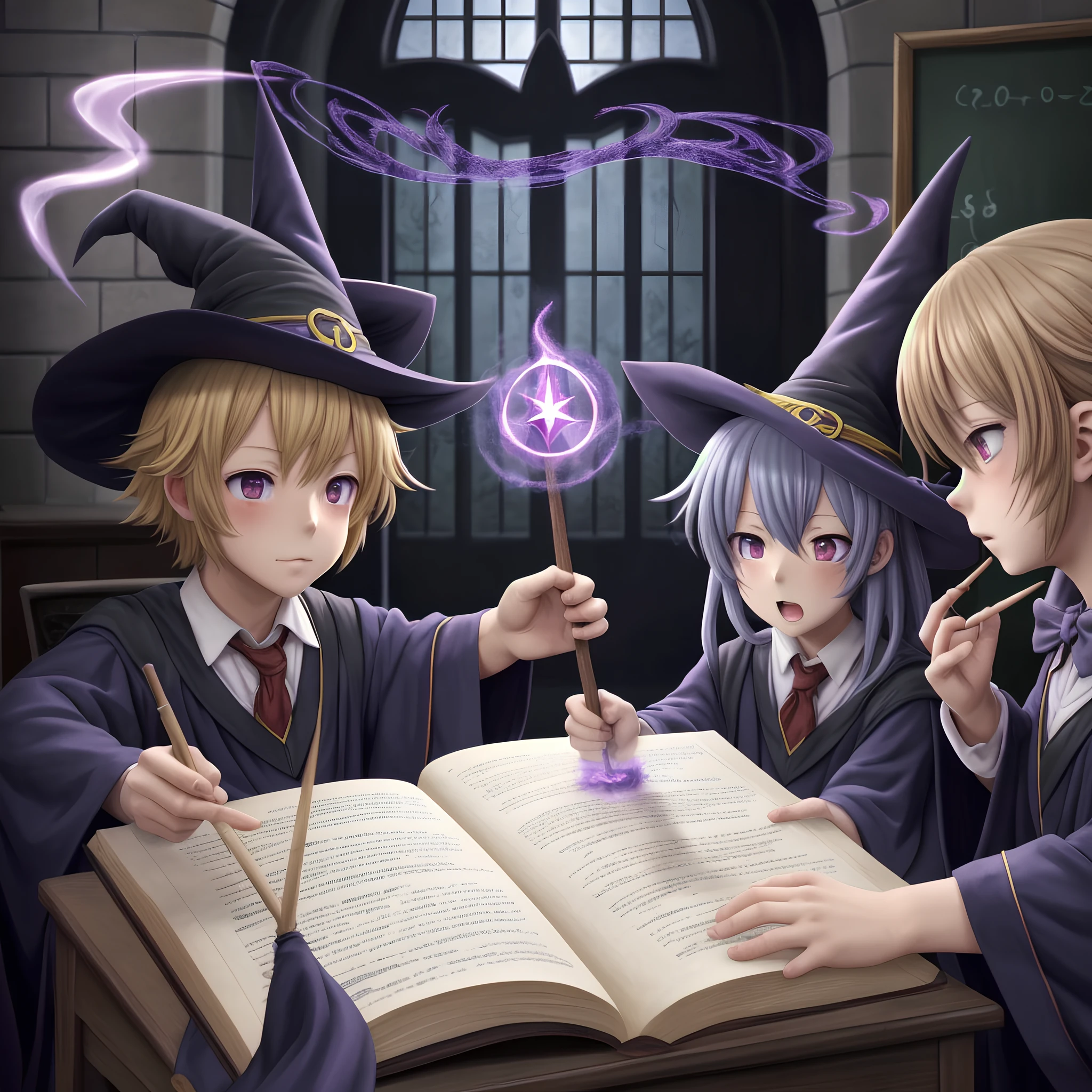 bustling anime scene at the entrance exam of a prestigious school of magic, with aspiring young wizards and witches casting spells  to prove their worth.