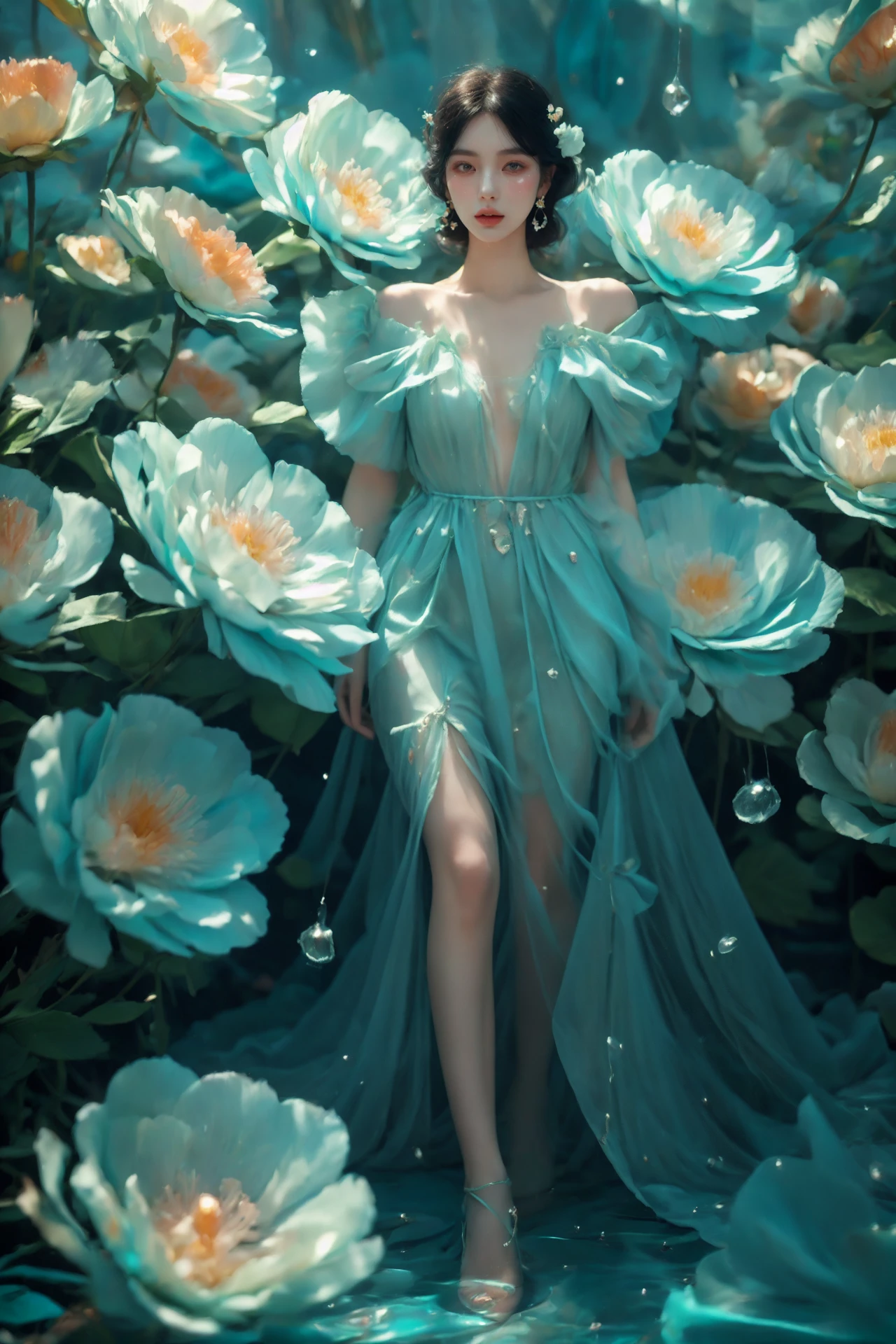 attractive woman,full body photo,fashion clothing design,<lora:turquoise flowers-000002:0.8>,turquoise flowers,crystal clear dew,fresh and elegant,flowers blooming wildly,melodious free wind,surrounded by flowers,delicate buds,<lora:ééç½©:0.4>,<lora:duobabaè²å½©çå¼¹:0.5>,turquoise atmosphere,, masterpiece, best quality,