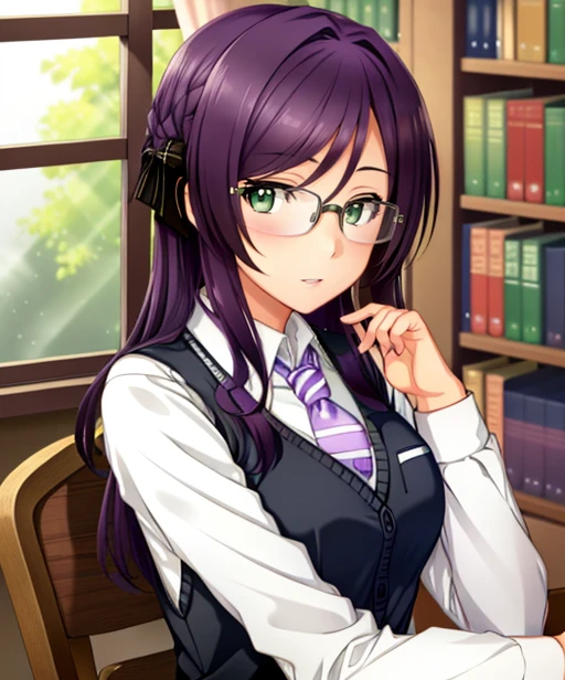 portrait, (adult woman), (1girl, solo), (vest, tie), glasses, (purple hair), green eyes, ((inside, library, window)), ((best quality, high detail)), ((masterpiece)), <lora:1_kenken_25e:1>