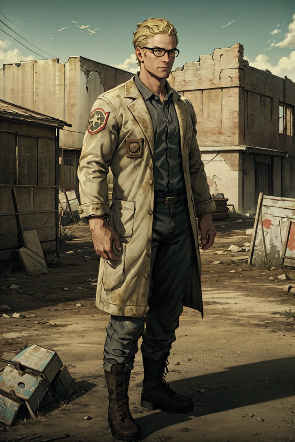 1boy,  solo,  Arcade Gannon,  Fallout: New Vegas,  doctor,  scientist,  35 years old,  tall,  blonde hair,  short hair,  green eyes,  wore glasses,  handsome,  grey collared shirt,  white lab coat,  military pants,  black combat boots,  perfect anatomy,  perfect proportions,  8k,  HD,  HQ,  (best quality:1.2,  masterpiece,  madly detailed photo),  detailed,  perfect face,  perfect eye pupil,  detailed eyes,  high_resolution, perfecteyes,  Fallout: New Vegas location,  Mojave Wasteland,  post-apocalyptic ruins,  desolated landscape,  dark blue sky,<lora:EMS-282021-EMS:0.500000>,<lora:EMS-498-EMS:0.200000>