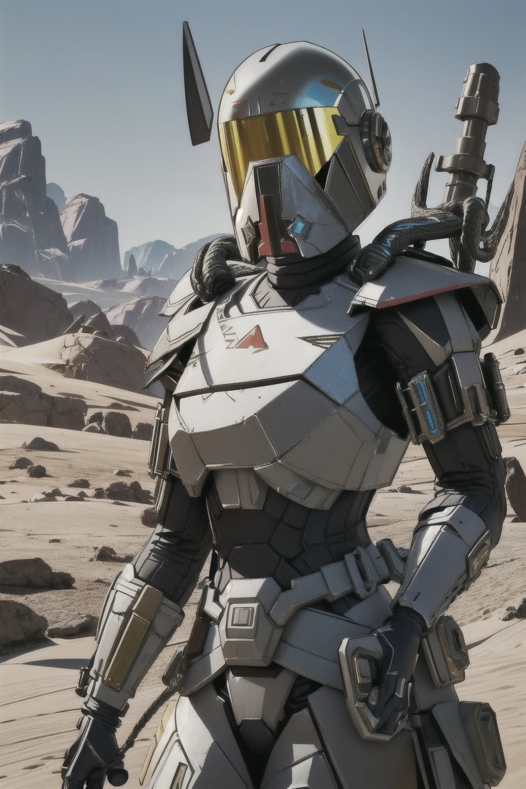 (best quality, masterpiece, beautiful and aesthetic:1.2, colorful, dynamic angle) 1girl, solo, upper body, aiguillette, shaevizla, mandalorian armor, helmet, armor,  mountain, power armor, desert  <lora:shaevizla:0.8> (high contrast, official art, extreme detailed, highest detailed)