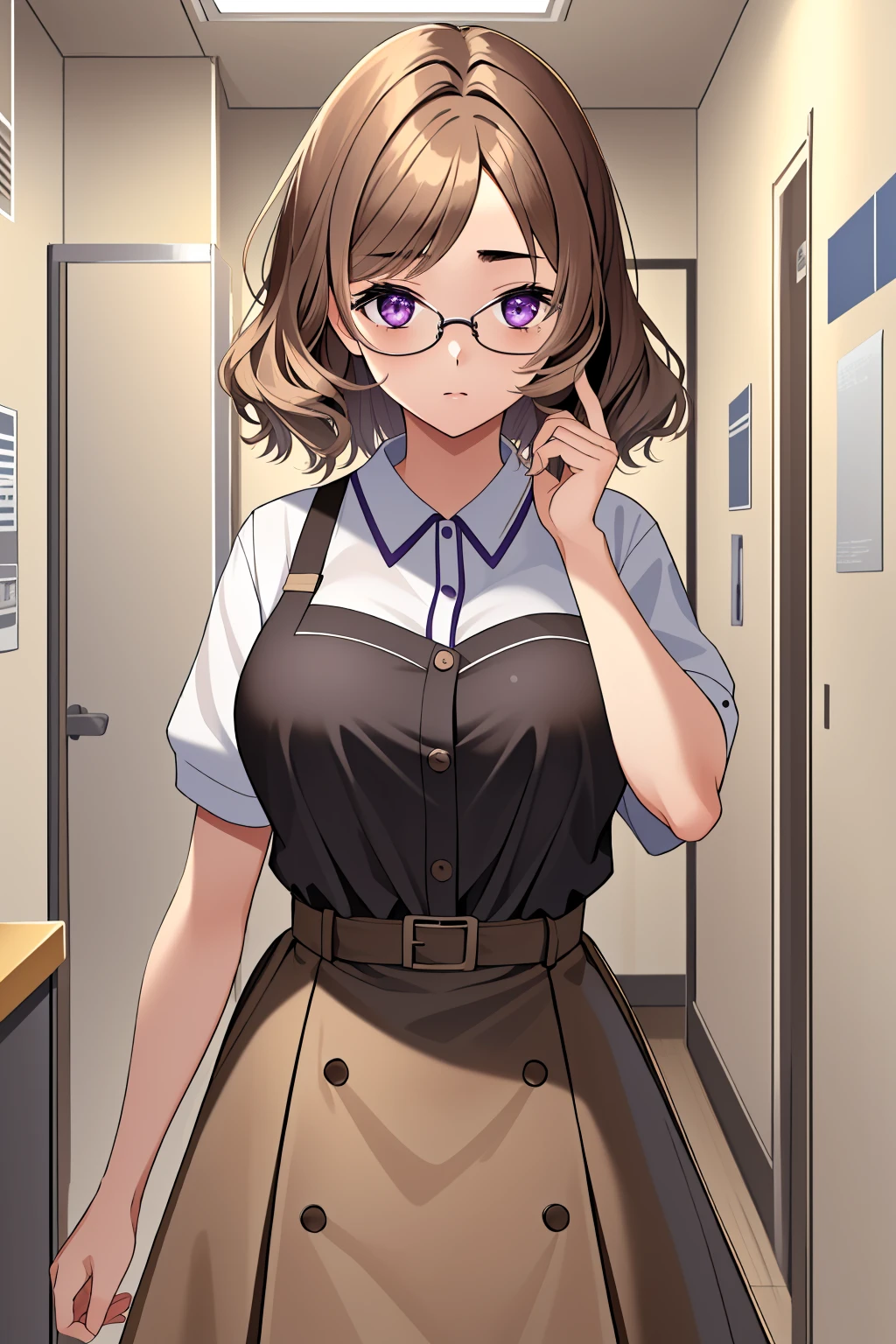 ((masterpiece, best quality, high quality)),1girl, (hospital), <lora:infirmary_v0.1:0.5> infirmary, <lora:Mitsune Honda:0.7> (1girl, 3dcg 09, black-framed eyewear, eyebrow_through_hair, glasses, large breasts, light brown hair, mitsune honda, purple eyes, short hair, solo),