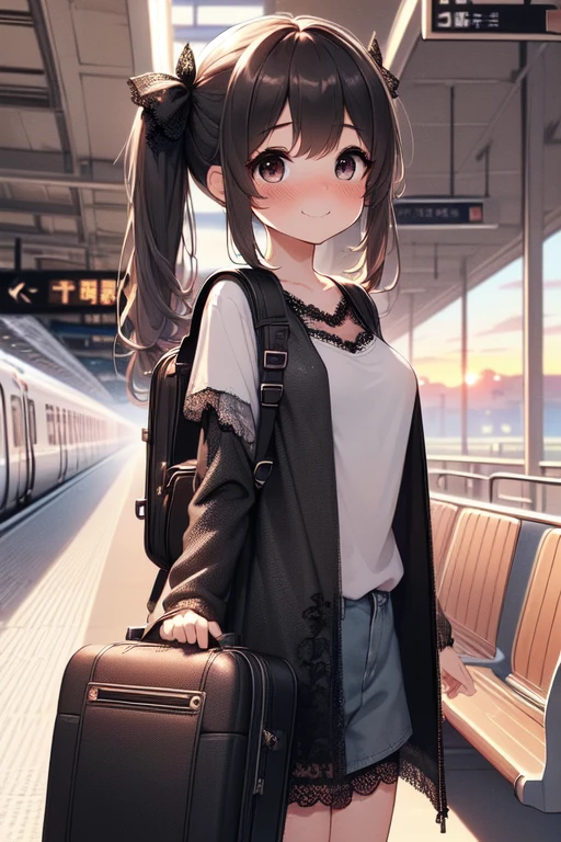 (((masterpiece))), (((best quality))), (((from front))), ((train platform)), ((guitar case backpack)), light gray T-shirt, ((black lace long coat)), navigation sign, 1girl, smile, ribbon, brown twintails, collarbone, cleavage, ((big tits)), sweat, shy. blush, ((petite figure)), (((sunset))), <lora:girllikeplatform:1>