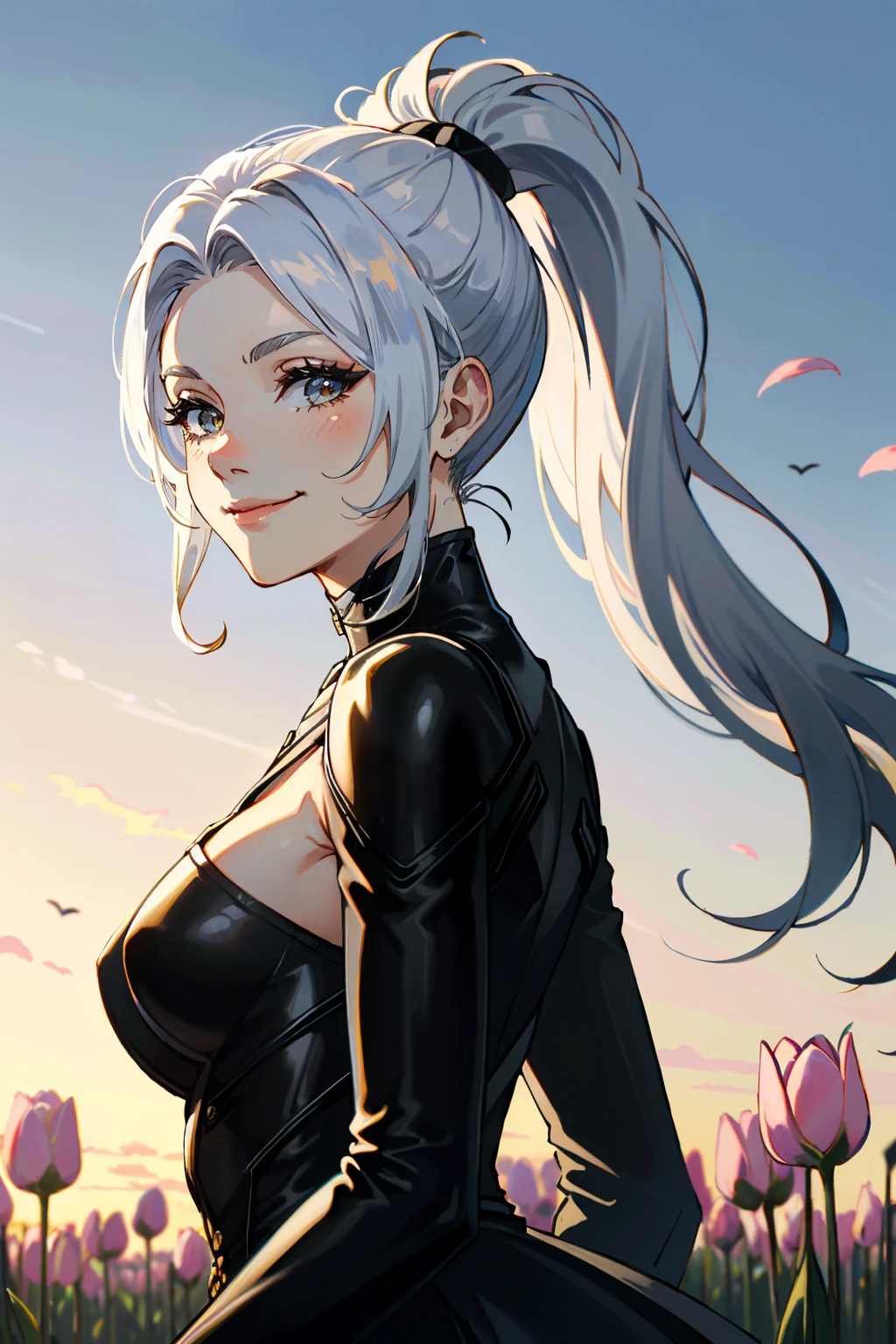 ((ultra detailed, masterpiece, absurdres))
<lora:SpiderBlackCat:0.9>
SpiderBlackCat, 1girl, white hair, ponytail, in a field of tulips, golden hour, elegant dress, smiling