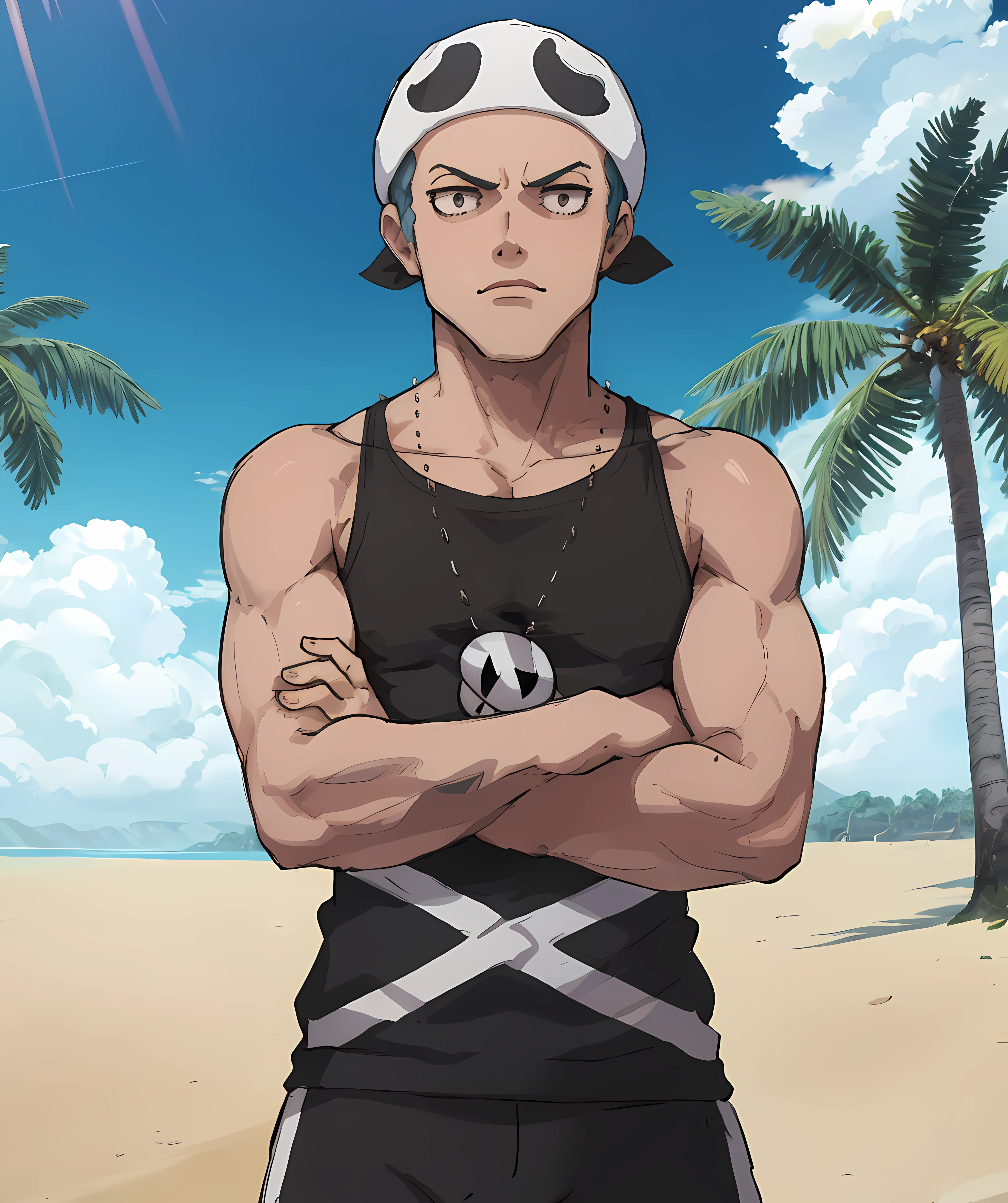 team_skull_grunt_male, standing, looking at viewers, beach, coconut tree, crossed arms, muscular <lora:Team_Skull_Grunt_Male:0.8>