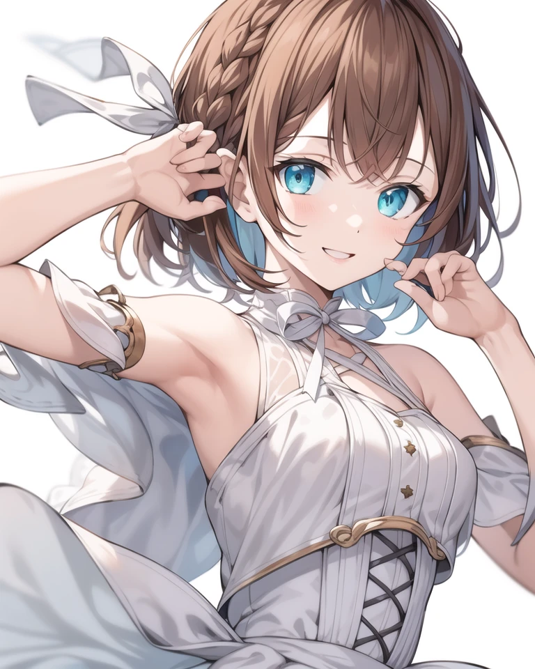 (masterpiece), best quality, 1girl, solo, aqua eyes, brown hair, hair over shoulder, braid, looking at viewer, white dress, white ribbon, hair ribbon, smile, simple background, white background