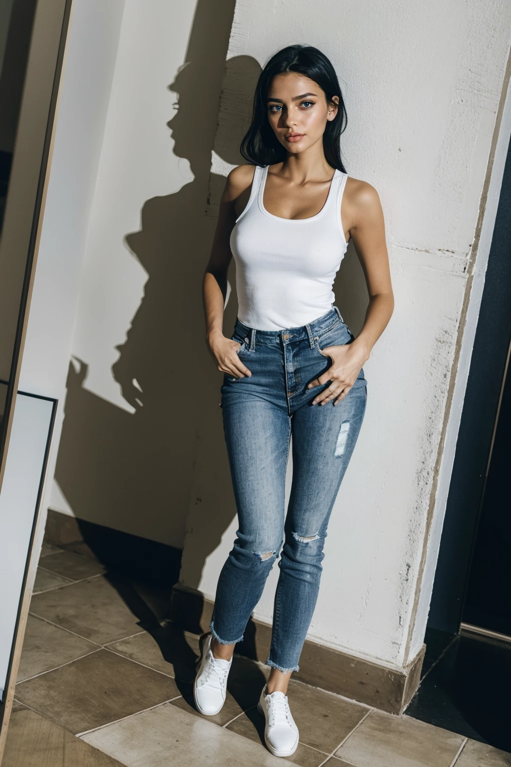 european beautiful woman, model face, black hair, realistic ,masterpiece, (best quality, high quality, sharp focus:1.4),<lora:fullt4nkt0png:.8> fullt4nkt0png, white tank top, blue jeans