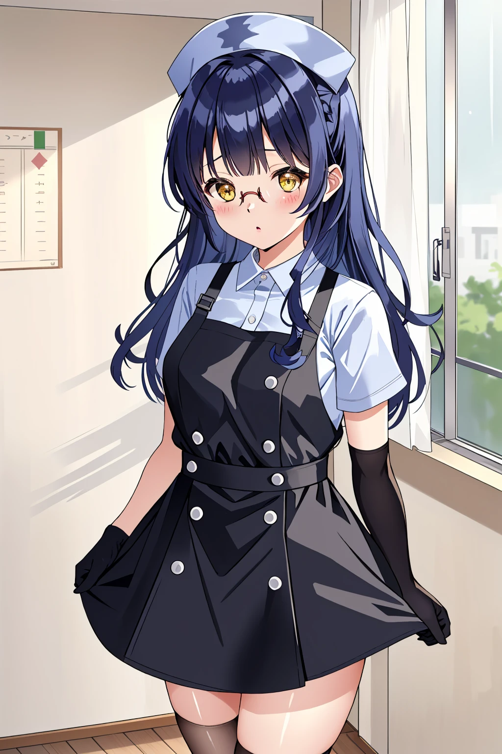 ((masterpiece, best quality, high quality)),1girl, (hospital), <lora:infirmary_v0.1:0.5> infirmary, dress <lora:Aya Kawasaki:0.7> (1girl, 3dcg 02, aya kawasaki, bangs, dark blue hair, glasses, hair over shoulder, long hair, ribbon bangs, small breasts, solo, straight hair, under-rim eyewear, yellow eyes), <lora:0- CL - Latex Nurse Apron V2:0.7> (latex_nurse_v2, nurse, nurse cap, apron, gloves,shiny dress),