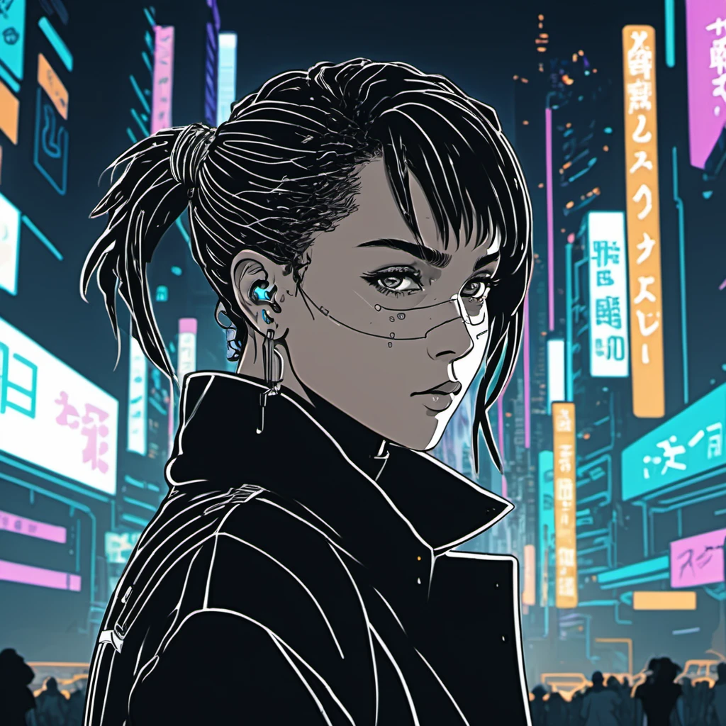 (2D lineart 90s Anime style) illustrattion of a woman looking at the viewer in a cyberpunk dystopian city,2D, <lora:zokravitz_xl_1_standard_merger_47_59_83_05_03_02:1>