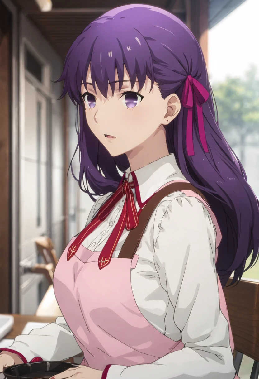 best quality, masterpiece, highres, solo, {matou_sakura_fatestaynightufotable:0.90}, 1girl, homurahara_academy_school_uniform, pink_apron