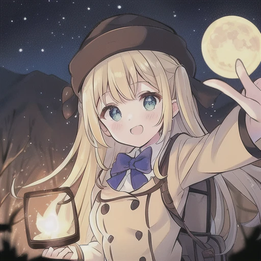 mhuni34_clothes, 1girl ((upper body selfie, happy)), masterpiece, best quality, ultra-detailed, solo, outdoors, (night), mountains, nature, (stars, moon) cheerful, happy, backpack, camping stove, water bottle, hat, flashlight, forest, rocks, river, wood, smoke, shadows, contrast, clear sky, analog style (look at viewer:1.2) (skin texture) (film grain:1.3), (warm hue, warm tone:1.2), close up, cinematic light, sidelighting, ultra high res, best shadow, RAW, upper body, <lora:UniformLoraNewnoreg_sweetmix-000002:1>,blue bow,long sleeve,buttons