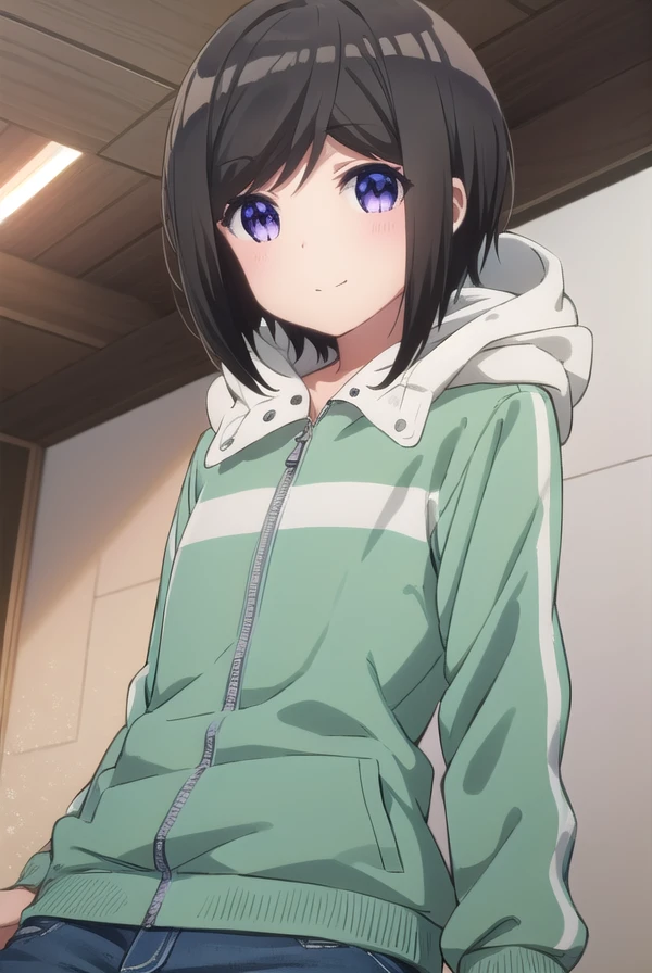 chihirohashima, <lora:chihiro hashima s1-lora-nochekaiser:1>,
chihiro hashima, short hair, black hair, (purple eyes:1.1), smile,
BREAK jacket, pants, hood, hoodie, denim, jeans,
BREAK indoors,
BREAK looking at viewer, (cowboy shot:1.5),
BREAK <lyco:GoodHands-beta2:1>, (masterpiece:1.2), best quality, high resolution, unity 8k wallpaper, (illustration:0.8), (beautiful detailed eyes:1.6), extremely detailed face, perfect lighting, extremely detailed CG, (perfect hands, perfect anatomy),