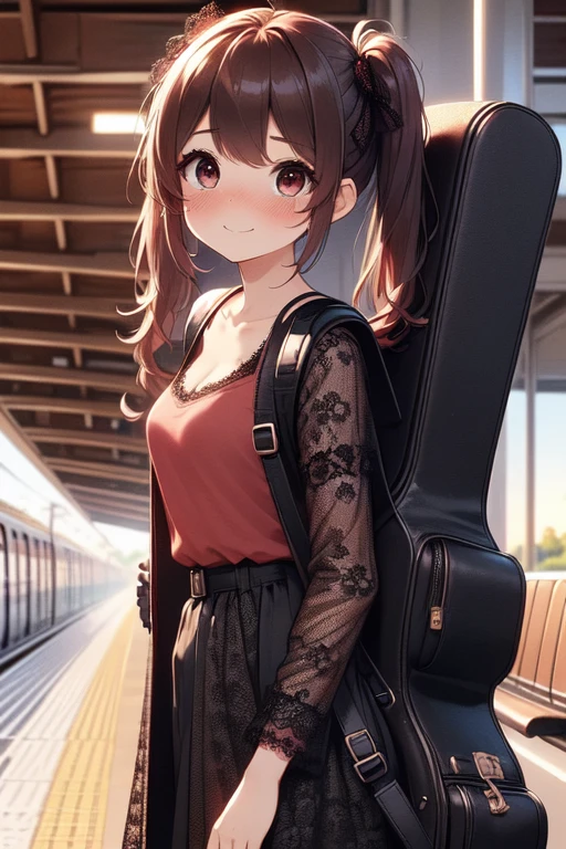 (((masterpiece))), (((best quality))), ((train platform)), ((guitar case backpack)), light red T-shirt, ((black lace long coat)), navigation sign, 1girl, smile, ribbon, brown twintails, collarbone, cleavage, ((big tits)), sweat, shy. blush, ((petite figure)), (((sunset))), <lora:girllikeplatform:1>