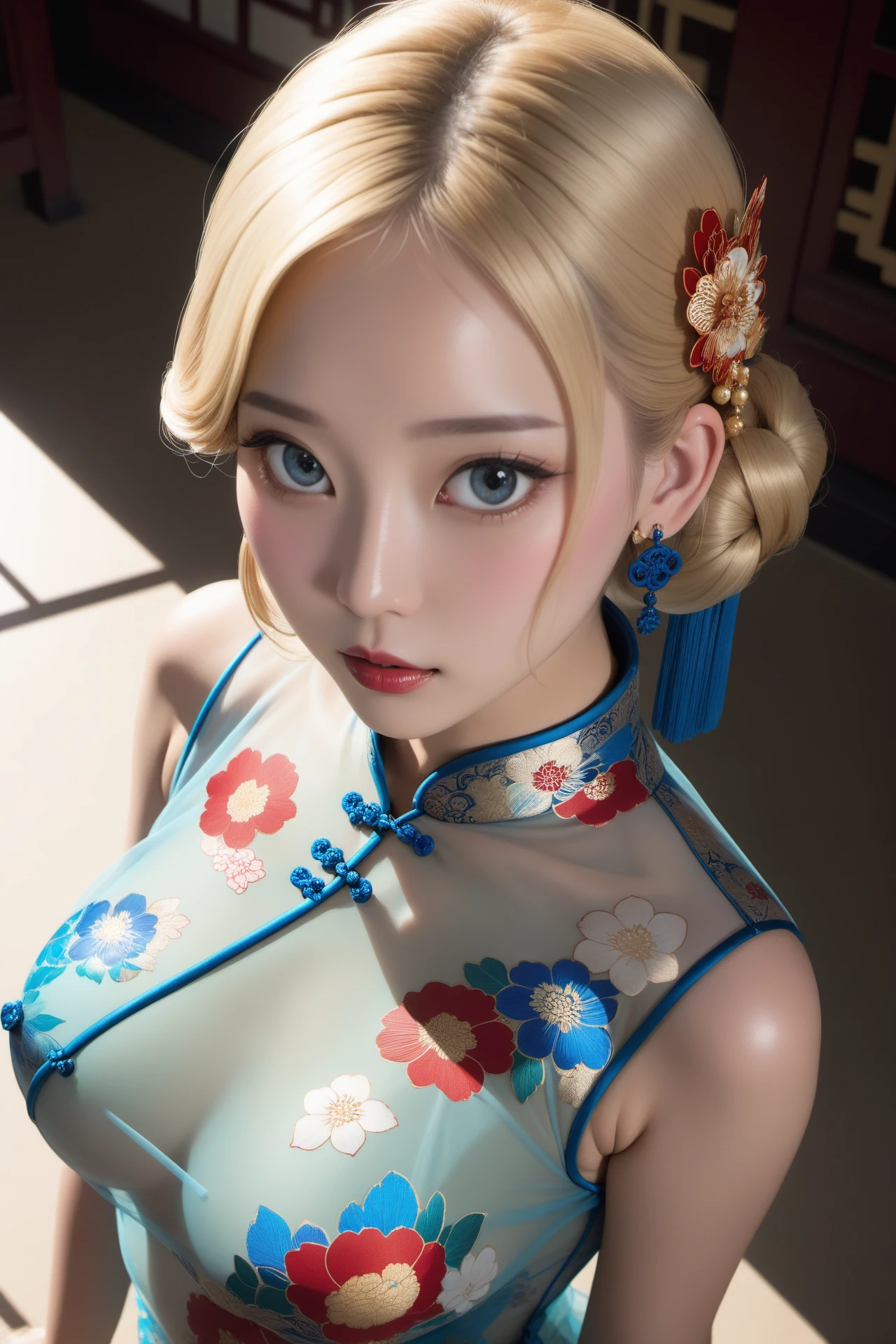 extremely high quality,from_above,1girl,PERFECT FACE,blond hair,hair ornament,blue big eyes,<lora:lbc_ST_print_cheongsam_XL:0.6>,see-through,print_cheongsam,jewelry,medium breasts,earrings,floral print,elegant,movie grade light and shadow,simple background,human anatomy aesthetics,