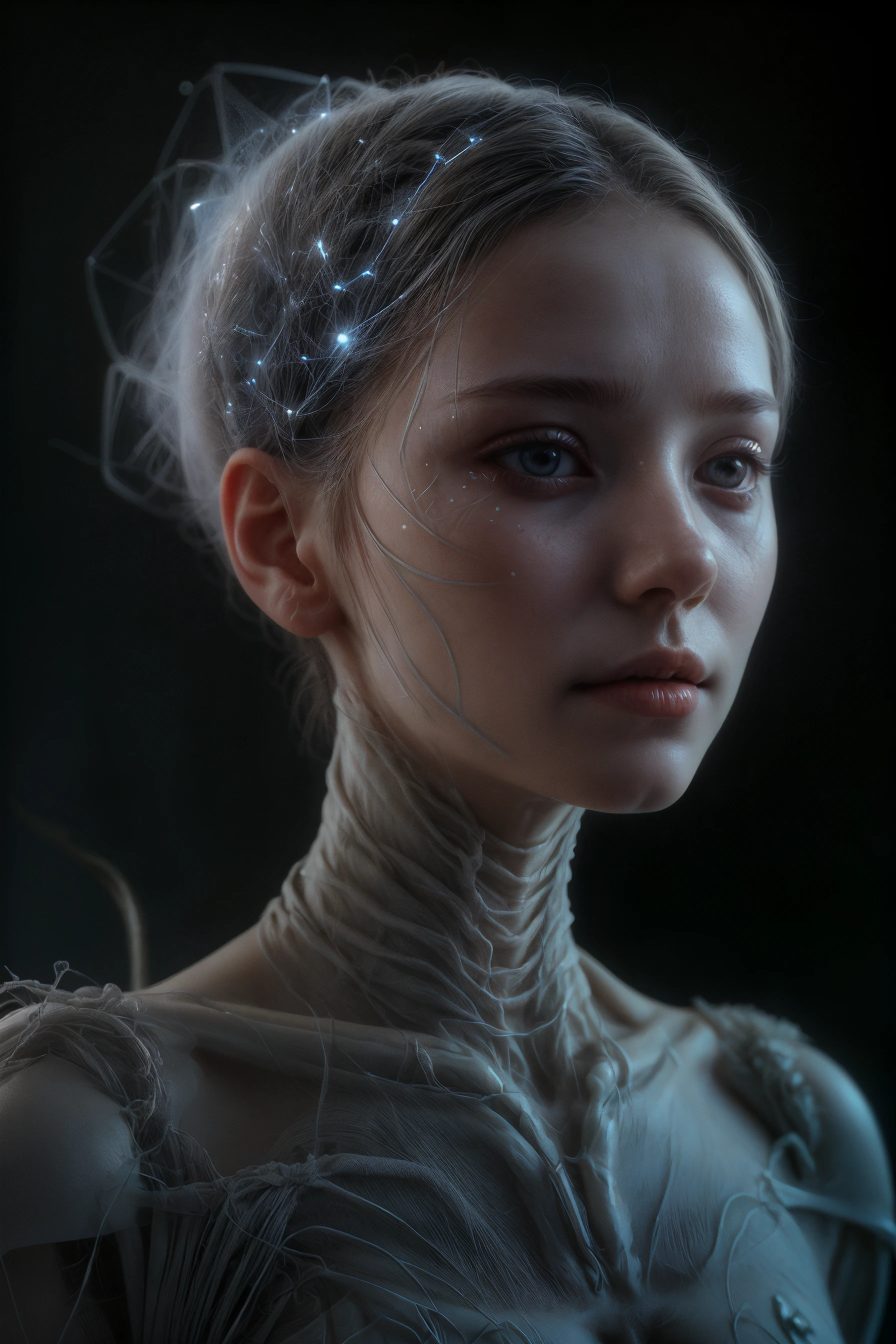 cinematic close up photo of an female ethereal neural network organism, white smoke, anatomical face, biomechanical details