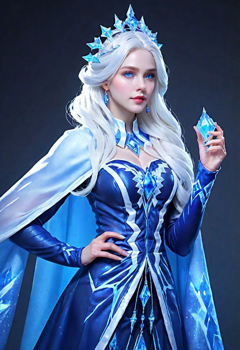 Hyper realistic portrait, Masterpiece, ultra Hd, trending on art station, cinematic lights, Aurora mobile legends( Long flowing white hair, blue eyes,  blue iced rhombus shaped ornaments cape, cropped side waist, iced ornaments, blue ice crown, blue iced high eels, ice castle as background, dynamic pose hand above,  chill, blue iced classy dress, detailed dress, detailed ice, detailed face, detailed eyes, detailed pupils, detailed fingers, detailed hair, detailed iced ornaments, OverallDetail, extremely detailed, Aurora mobile legends, SK_CINEMATIC, By bad artist