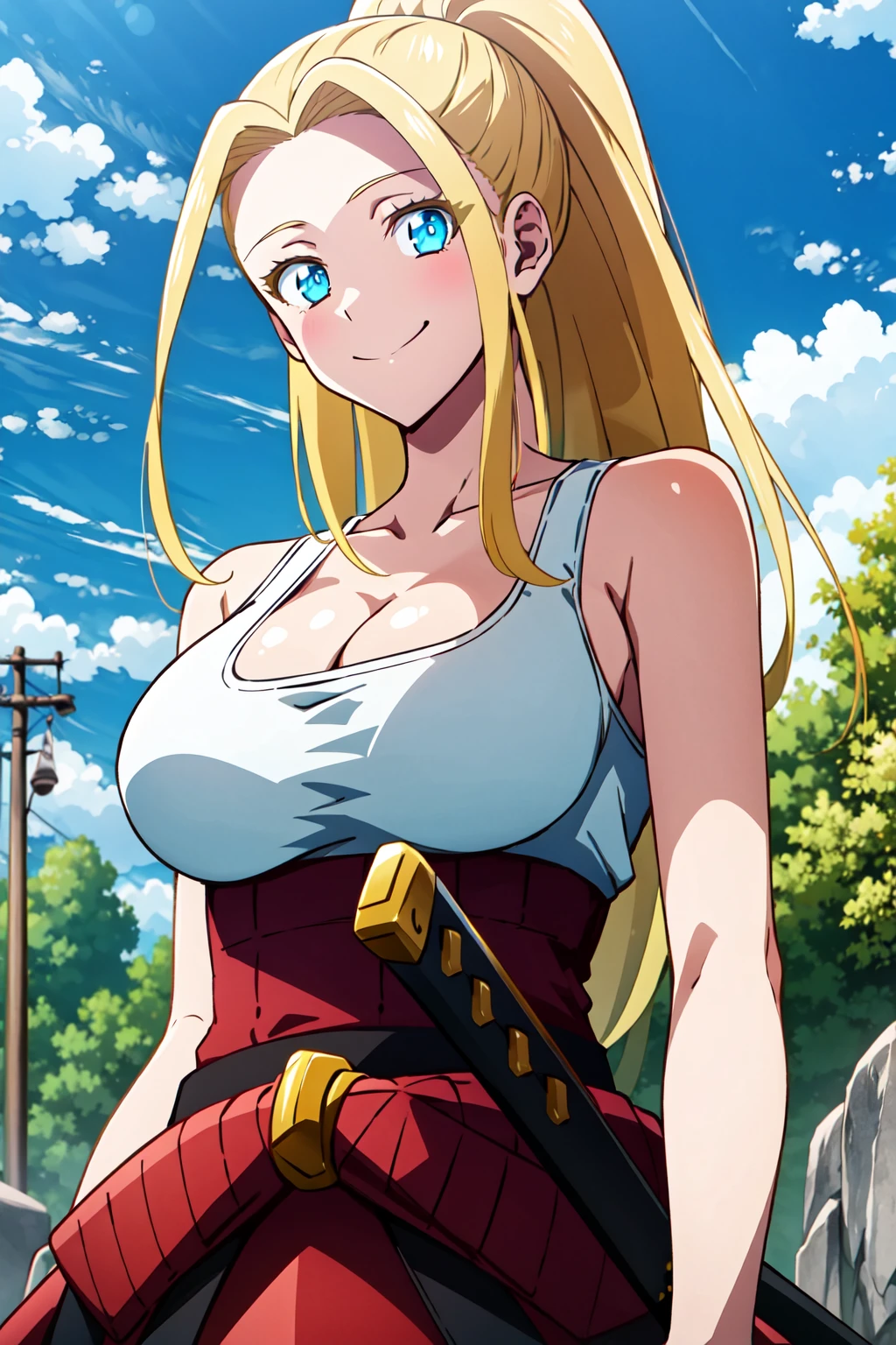 <lora:eft_beatrix-02:0.8> Beatrix_Zom100, 1girl, breasts, blonde hair, solo, blue eyes, cleavage, long hair, sword, weapon, smile, looking at viewer, large breasts, sky, ponytail, outdoors, cloud, katana, day, tank top, blue sky, bare shoulders, closed mouth, collarbone, tree, upper body
tall body, mature female, adult, long legs