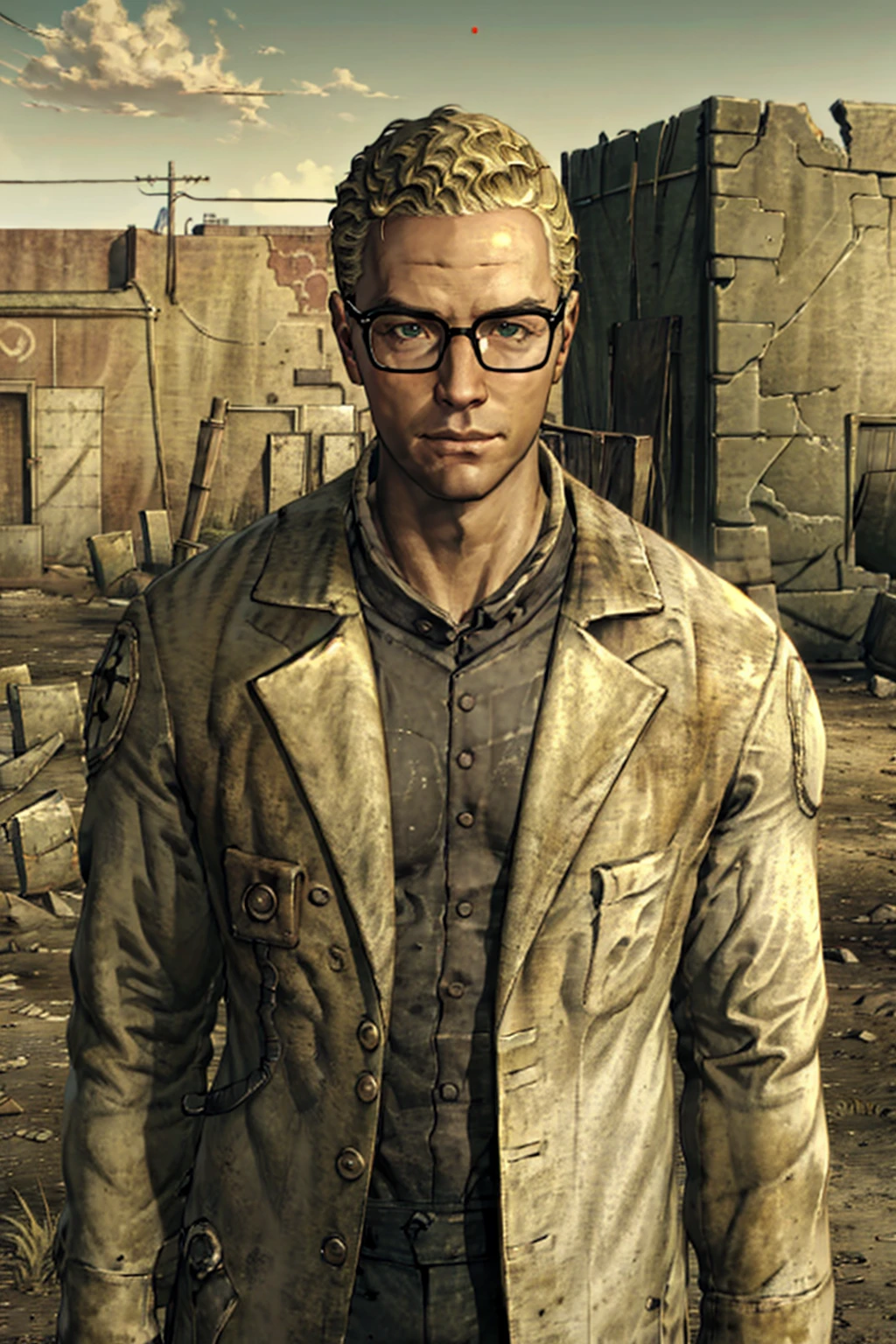 1boy,  solo,  Arcade Gannon,  Fallout: New Vegas,  doctor,  scientist,  35 years old,  tall,  blonde hair,  short hair,  green eyes,  wore glasses,  handsome,  grey collared shirt,  white lab coat,  military pants,  black combat boots,  perfect anatomy,  perfect proportions,  8k,  HD,  HQ,  (best quality:1.2,  masterpiece,  madly detailed photo),  detailed,  perfect face,  perfect eye pupil,  detailed eyes,  high_resolution,  perfecteyes,  (upper body in frame,  portrait),  Fallout: New Vegas location,  Mojave Wasteland,  post-apocalyptic ruins,  desolated landscape,  dark blue sky, (dutch angle),<lora:EMS-498-EMS:0.200000>,<lora:EMS-282021-EMS:0.700000>