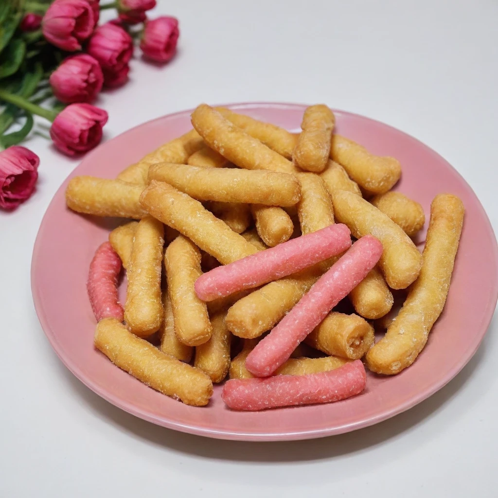 <lora:tsuza:0.7>, Realistic style, freshly fried French fries generously sprinkled with sugar crystals, capturing the contrast between the savory golden fries and the sparkling sweetness of the sugar, all set against a crisp, clean background that accentuates the textures and colors,pink