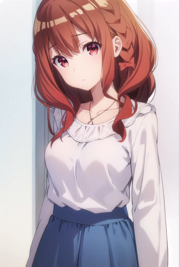 miyakoshirakawa, <lora:miyako shirakawa s1-lora-nochekaiser:1>,
miyako shirakawa, long hair, bow, brown hair, (red eyes:1.3), braid, hair bow, wavy hair,
BREAK skirt, shirt, long sleeves, jewelry, white shirt, frills, belt, necklace, blue skirt, frilled skirt, collarbone,
BREAK indoors,
BREAK looking at viewer, (cowboy shot:1.5),
BREAK <lyco:GoodHands-beta2:1>, (masterpiece:1.2), best quality, high resolution, unity 8k wallpaper, (illustration:0.8), (beautiful detailed eyes:1.6), extremely detailed face, perfect lighting, extremely detailed CG, (perfect hands, perfect anatomy),
