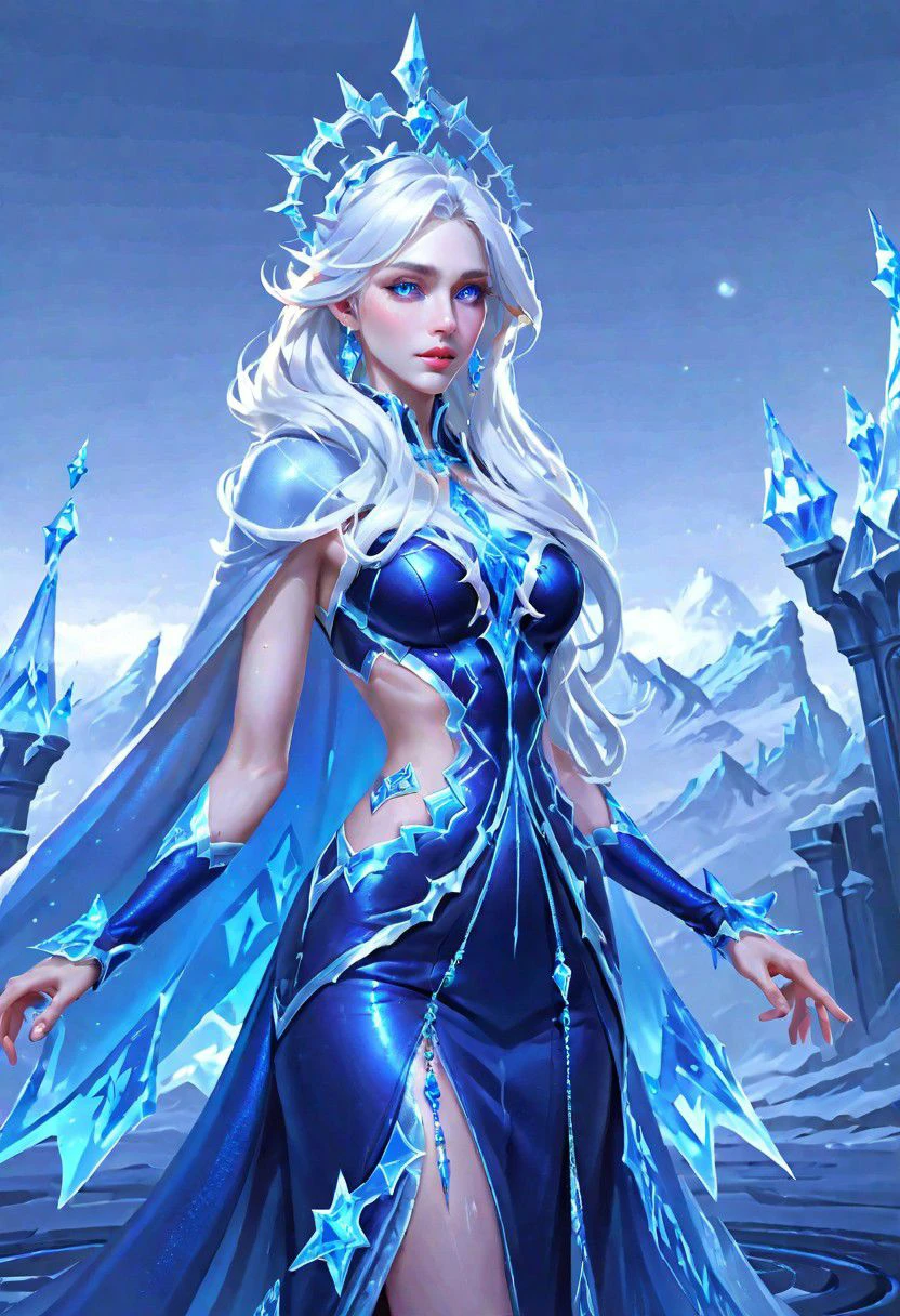 Hyper realistic portrait, Masterpiece, ultra Hd, trending on art station, cinematic lights, Aurora mobile legends( Long flowing white hair, blue eyes,  blue iced rhombus shaped ornaments cape, cropped side waist, iced ornaments, blue ice crown, blue iced high eels, ice castle as background, dynamic pose hand above,  chill, blue iced classy dress, detailed dress, detailed ice, detailed face, detailed eyes, detailed pupils, detailed fingers, detailed hair, detailed iced ornaments, OverallDetail, extremely detailed, Aurora mobile legends, SK_CINEMATIC, By bad artist , JuggernautNegative