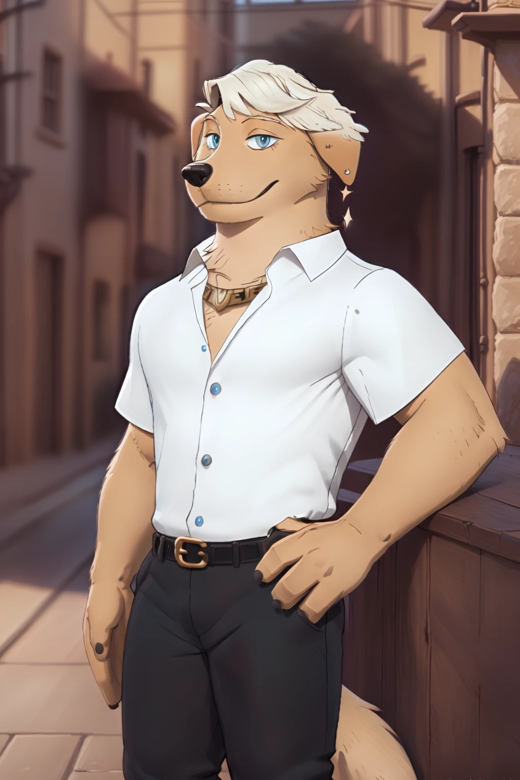 <lora:lucian-06:1>, lucianwtdl, (blue eyes:1.2), tail, (looking at viewer:1.3), (posing:1.3), (soft shading), 4k, hi res, ((detailed face, detailed)), by zackarry911, by zaush, (by personalami:0.5), smile, earrings, white shirt, belt, black pants,