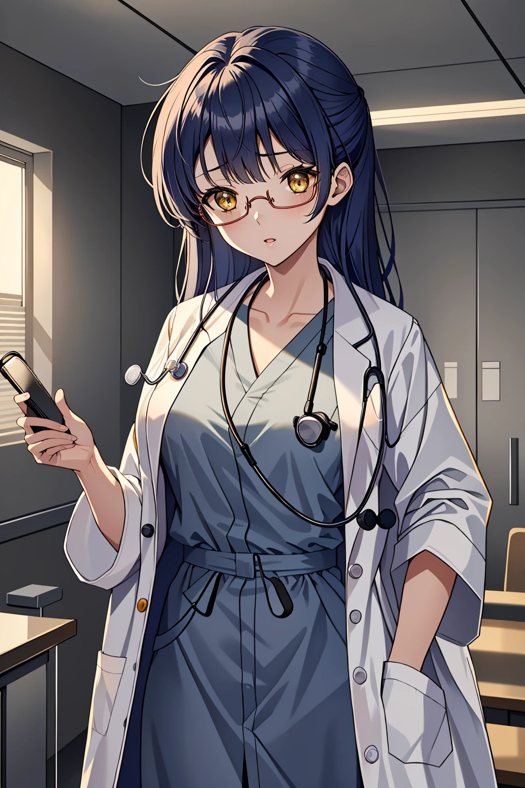 ((masterpiece, best quality, high quality)),1girl, (hospital), <lora:infirmary_v0.1:0.5> infirmary, dress <lora:Aya Kawasaki:0.7> (1girl, 3dcg 02, aya kawasaki, bangs, dark blue hair, glasses, hair over shoulder, long hair, ribbon bangs, small breasts, solo, straight hair, under-rim eyewear, yellow eyes), <lora:0- CL - Doctor Uniform V2:0.8> (doctor_uniform, labcoat, stethoscope, doctor),