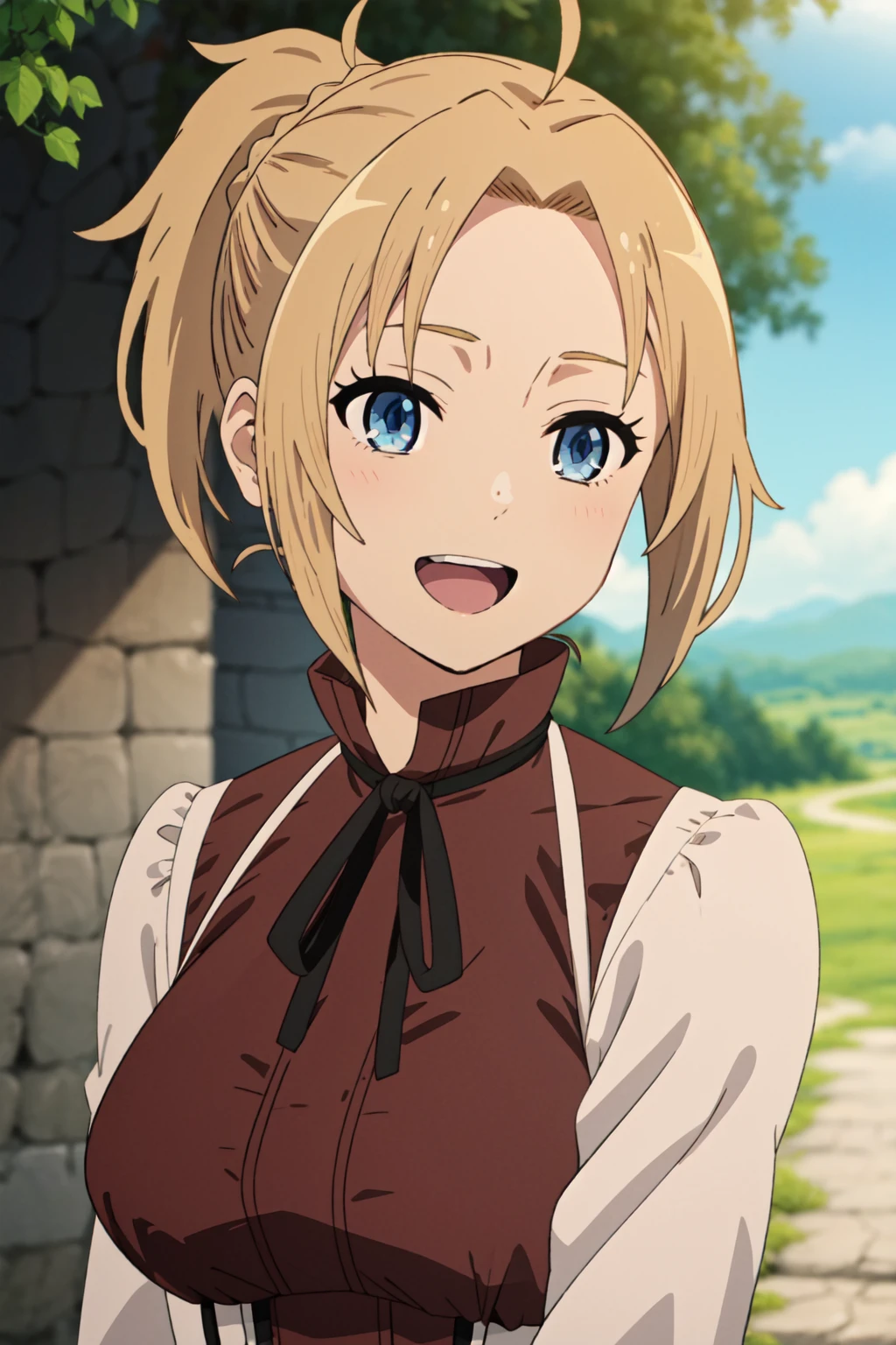 It is_zenith, One girl, alone, blue eyes, Blonde, Anime Coloring, Outdoor, Open your mouth, smile, Blurred backgrounD, Day, ponytail, ribbon, Blurred, Ahoge, Upper Body, null, :D, black ribbon, wood, blue null, teeth, Braiding, upper teeth only, bangs, short hair, parteD bangs, Portraiture, (Nsfw:1.5), (Full nuDe:1.5),