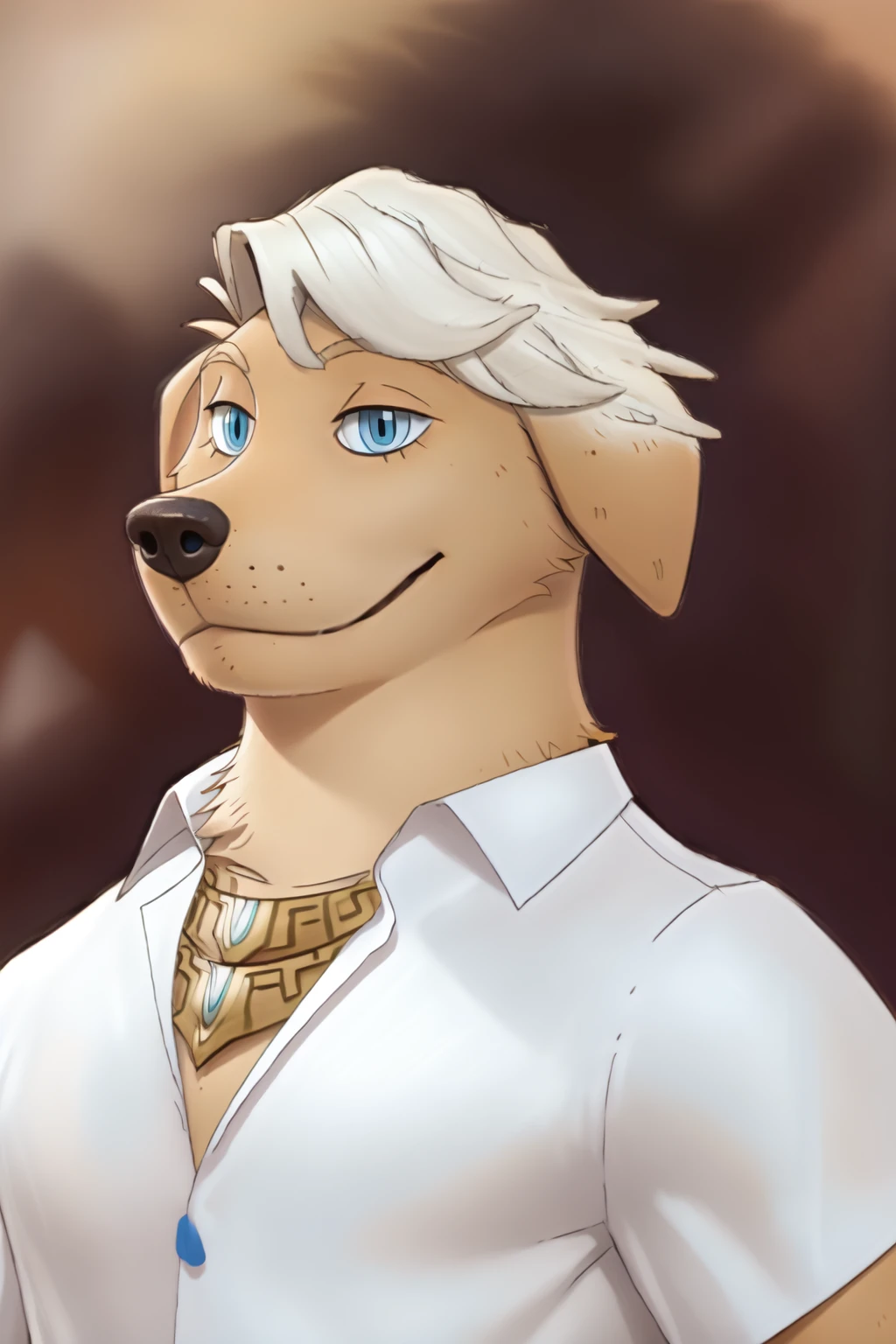 <lora:lucian-06:1>, lucianwtdl, (blue eyes:1.2), tail, (looking at viewer:1.3),  (posing:1.3), (soft shading), 4k, hi res, ((detailed face, detailed)), by zackarry911, by zaush, (by personalami:0.5), smile, shirt, 1boy, jewelry, closed mouth, white shirt, upper body, male focus, collared shirt, necklace, looking up, brown background, portrait, face focus,
