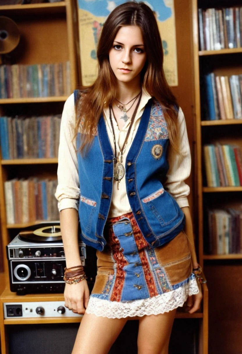 â§¶⢠A woman in college in the 70s, bohemian vest, patchwork denim skirt, lace-up boots, long pendant necklace , record player shop, a specialty store offering a selection of turntables and stereo equipment , <lora:sdxl_em_v2:1>