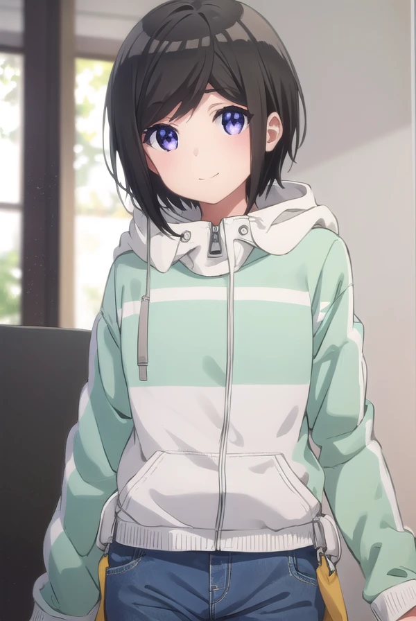 chihirohashima, <lora:chihiro hashima s1-lora-nochekaiser:1>,
chihiro hashima, short hair, black hair, (purple eyes:1.1), smile,
BREAK jacket, pants, hood, hoodie, denim, jeans,
BREAK indoors,
BREAK looking at viewer, (cowboy shot:1.5),
BREAK <lyco:GoodHands-beta2:1>, (masterpiece:1.2), best quality, high resolution, unity 8k wallpaper, (illustration:0.8), (beautiful detailed eyes:1.6), extremely detailed face, perfect lighting, extremely detailed CG, (perfect hands, perfect anatomy),