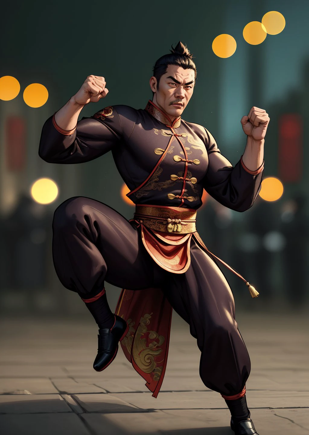 comics bock portrait , chine (man:1.4), dynamic wushu fighting stance, (masterpiece), (realistic), 8k, RAW photo, very wide shot, octane render, unreal engine, volumetrics dtx, (film grain, bokeh, blurry foreground)