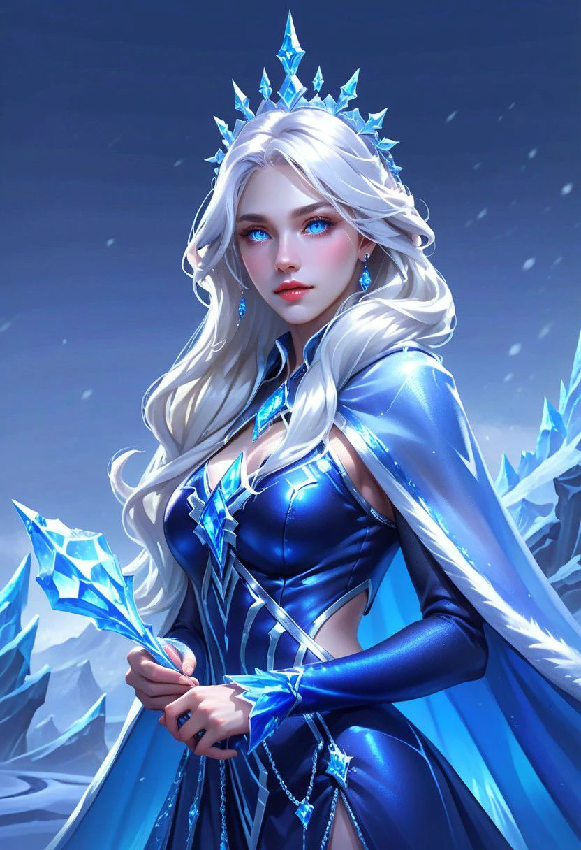 Hyper realistic portrait, Masterpiece, ultra Hd, trending on art station, cinematic lights, Aurora mobile legends( Long flowing white hair, blue eyes,  blue iced rhombus shaped ornaments cape, cropped side waist, iced ornaments, blue ice crown, blue iced high eels, ice castle as background, dynamic pose hand above,  chill, blue iced classy dress, detailed dress, detailed ice, detailed face, detailed eyes, detailed pupils, detailed fingers, detailed hair, detailed iced ornaments, OverallDetail, extremely detailed, Aurora mobile legends, SK_CINEMATIC, By bad artist