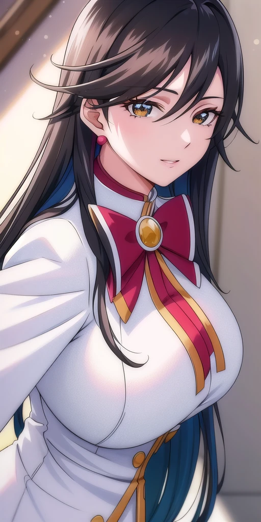 <lora:AkiraFerrariV5:0.7> akira_ferrari, huge_breasts, standing, solo, Winter_Himeya_company_uniform_White_long_dress_White_capelet_Red_bowtie_Long_sleeves_high_collar_Side_slit, masterpiece, best quality, detailed face, detailed eyes, highres,