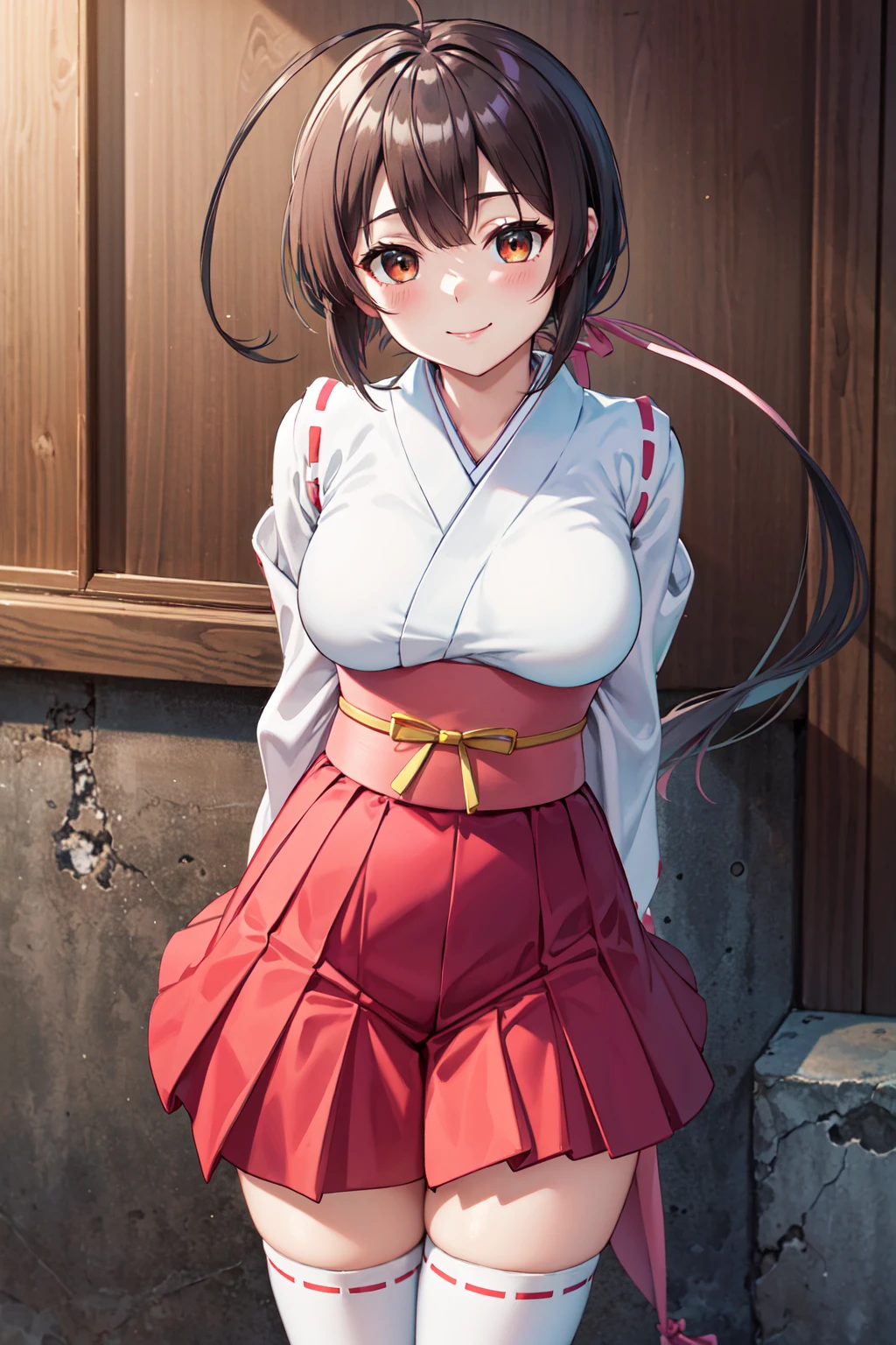 masterpiece,best quality,highres,ultra-detailed,musubi,ahoge,long hair,low ponytail,hair ribbon,large breasts,miko,japanese clothes,sash,fingerless gloves,red gloves,wide sleeves,ribbon trim,obi,hakama skirt,white thighhighs,boots,cross-laced footwear,<lora:musubi:0.8>,outdoors,cowboy shot,smile,standing,(arms_behind_back:1.4),(leaning_forward:1.2),