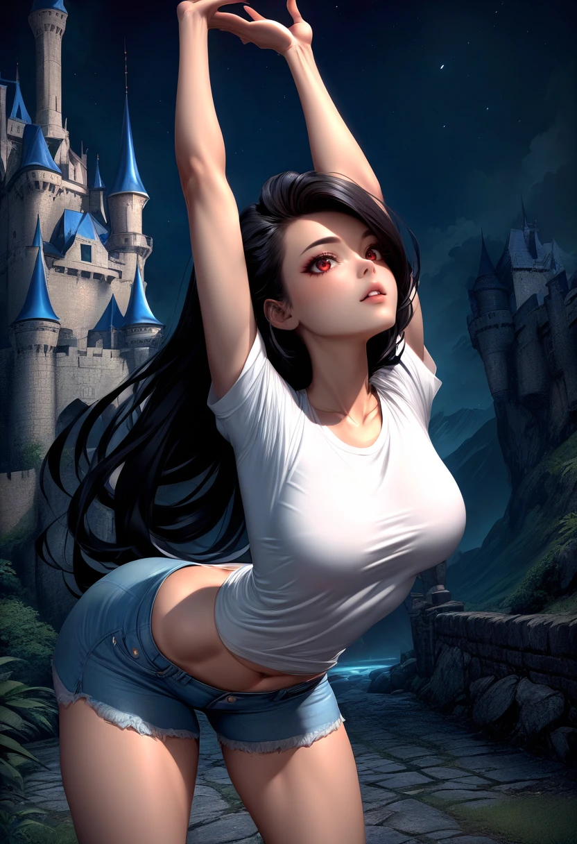 solo, 1girl, cammystretch, stretching, leaning forward, arms up, long hair, black hair, red eyes, white t-shirt, denim shorts, night, outdoors, castle,<lora:EMS-281829-EMS:1.000000>