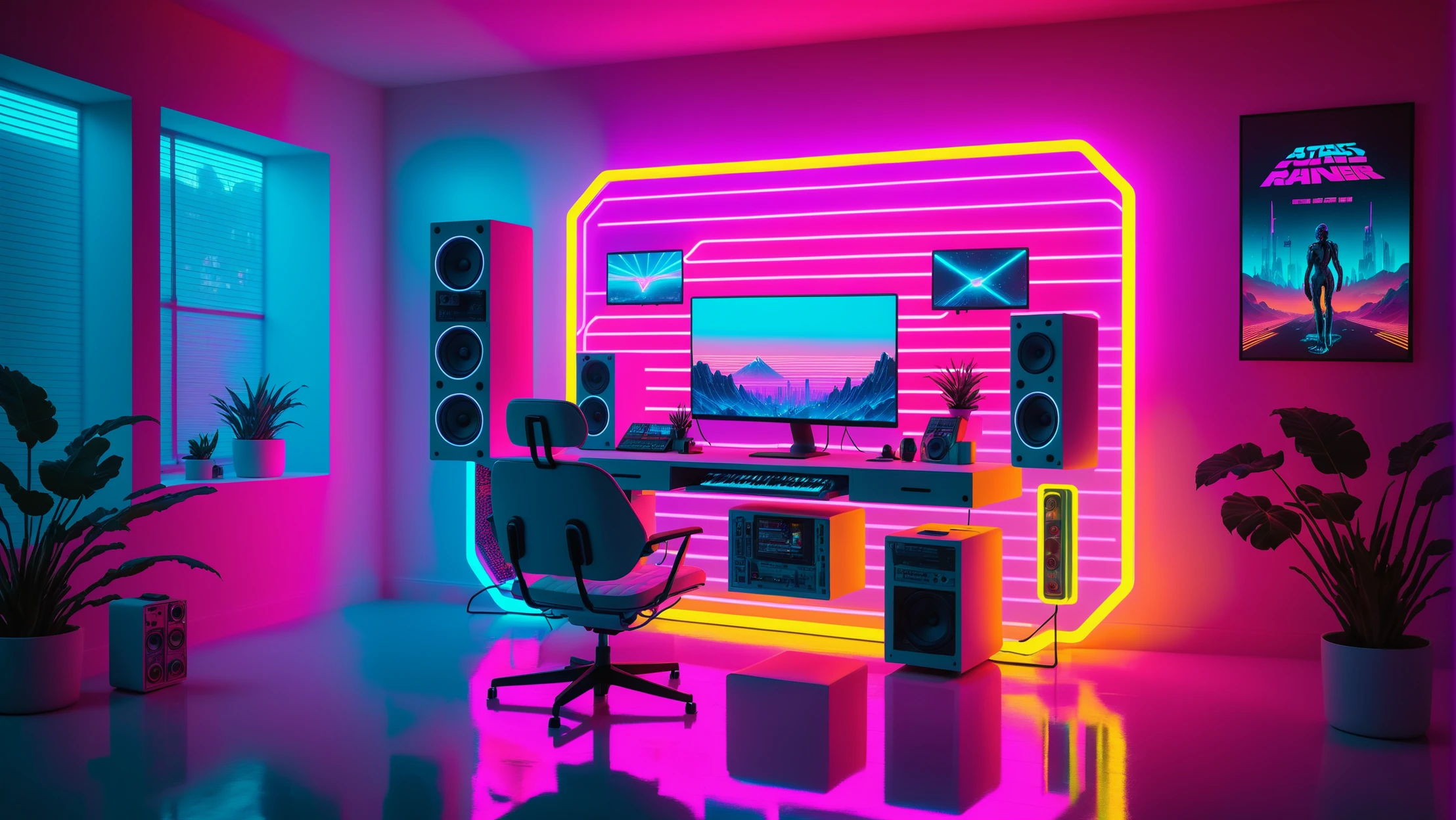 Cyberpunk themed futuristic minimalistic office interior with neon track lighting, Matrix Movie vibes, holographic, music vibes, synthwave gradient pink yellow white blue theme with 1980s neon, indoors with an aesthetic like it's the year 2499, no humans, floating chair, floating holograms, table, metal box, scenery, desk, mesh neon ball, white halo lamp, wireless, futuristic computer, blade runner hologram, keyboard , floating transparent screen, masterpiece, official art, best quality , volumetric lighting, studio lighting, absurdres, extremely detailed, ultra sharp, 32k UHD, award winning desktop wallpaper , rule of thirds, post apocalyptic, Hyperdetailed Photography, Landscape Photography, wide shot, Movie Still, Cinematic, wallpaper fusion, Wave Art Style, holo-punk style, <lora:WallpaperFusionXL:0.2>, <lora:WaveArtXL:0.5>, <lora:HoloPunkXL:0.4>