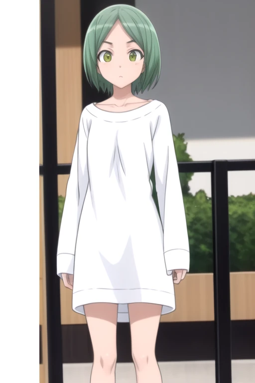 ((masterpiece)),(best quality),official art,extremely detailed CG,unity 8k wallpaper,ultra detailed,beautiful detailed eyes,extremely detailed face,office,1girl,solo,cowboy shot,looking at viewer,facing viewer,deadpan,short_hair,green_hair,parted bangs,yellow_eyes,green_eyes,collarbone,small_breasts,dress,long_sleeves,sleeves_past_wrists,bare_legs,white footwear,<lora:Minano Matome(mstast)>,