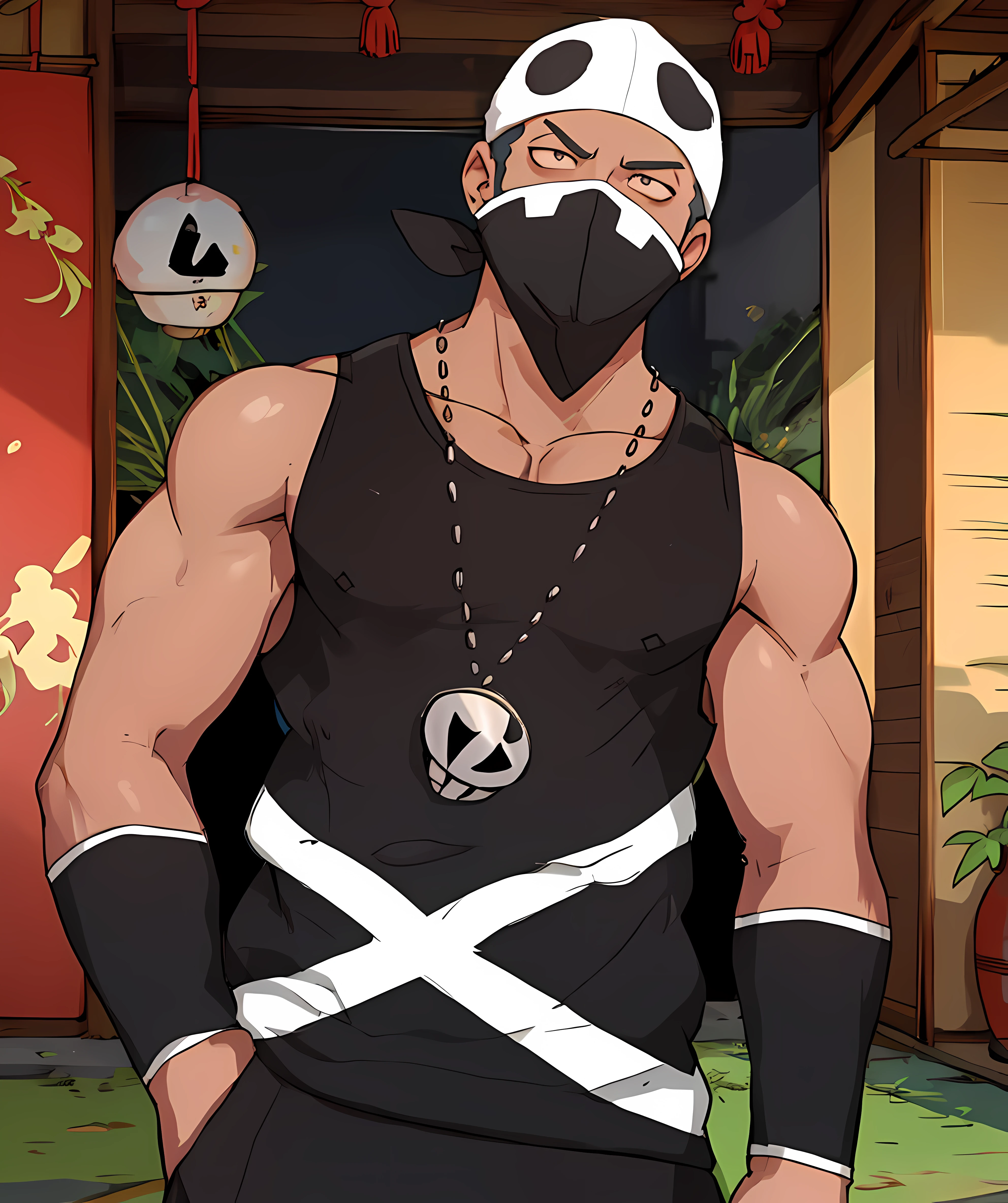 team_skull_grunt_male, looking at viewers, muscular, mask, traditional japanese house, necklace, tank top <lora:Team_Skull_Grunt_Male:0.85>