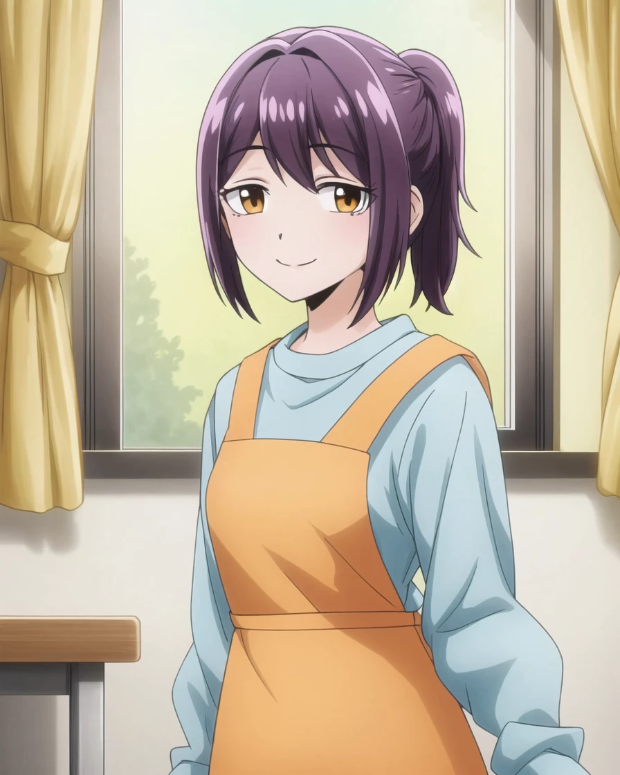 (masterpiece, high resolution, clear outlines, ultra-detailed, illustration), 1girl, utenamother, solo, short ponytail, smile, cowboy shot, standing, blue shirt, long sleeves, apron, orange apron, beautiful detailed background, window, curtains, indoors<lora:utenamother:0.7> <lora:flat2:-0.7>