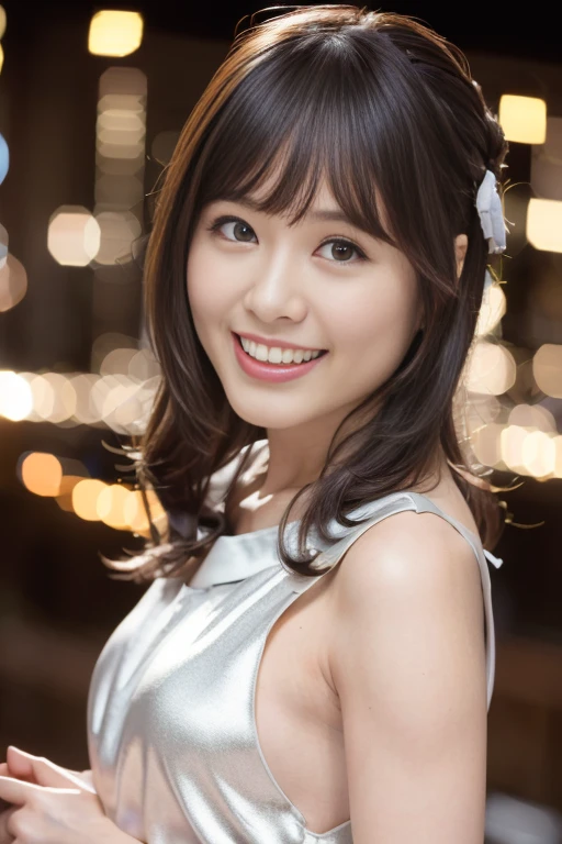 ((Night in the City、Highest quality、masterpiece、High resolution))、(((Zoom photo of upper body、Wet body、Wet Hair)))、(A shy smile:1.2)、1 woman, aged 20、Beautiful Skin、Beautiful Eyes、Large Breasts、Cat Ear Headband、Black Dress、Black Hair、Wavy Hair、Shorn bangs